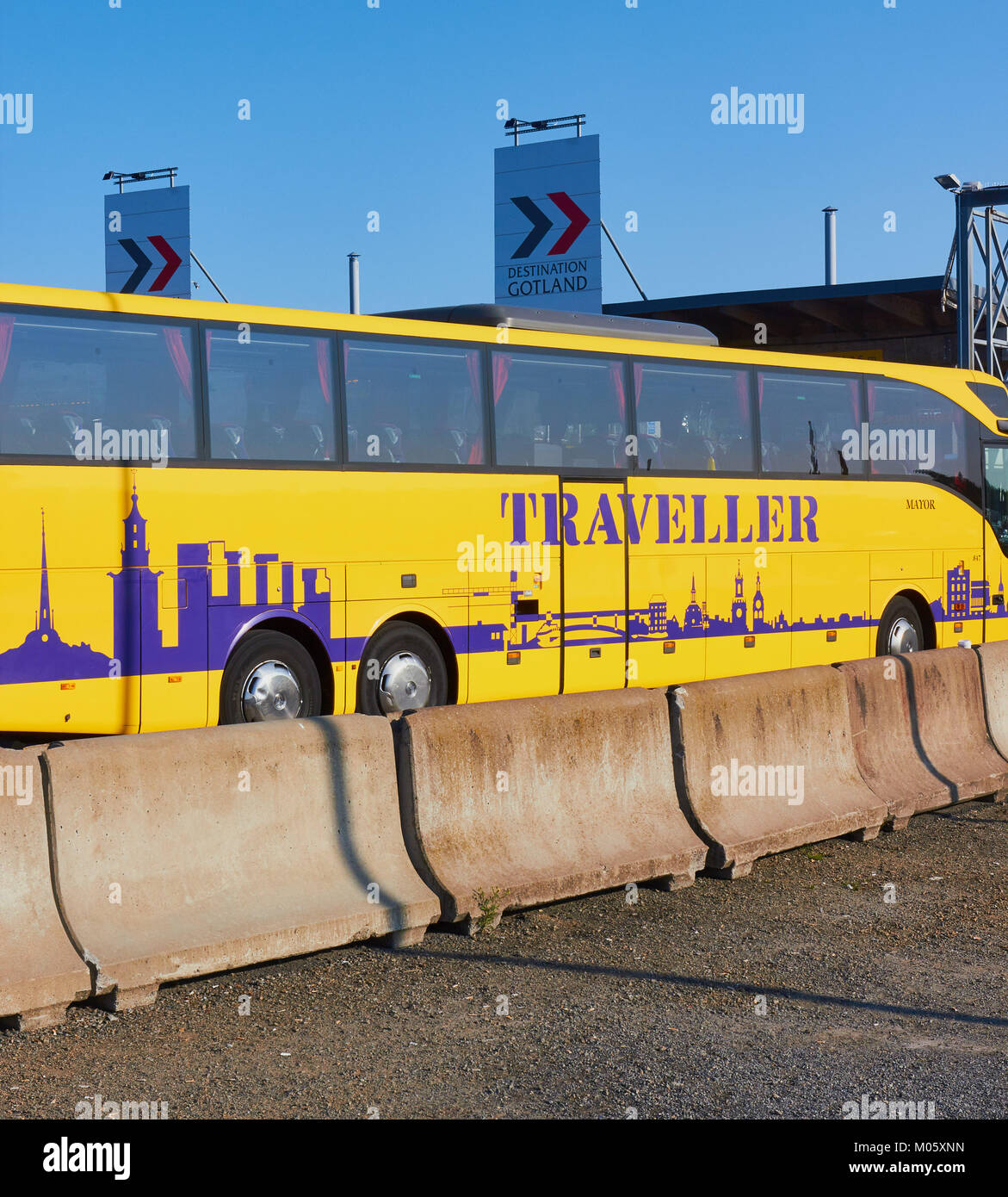 Gelbe Trainer Queuing in einem Destination Gotland Fähre Nynashamn, sodermanland Stockholm County, Schweden, Skandinavien zu erhalten. Stockfoto