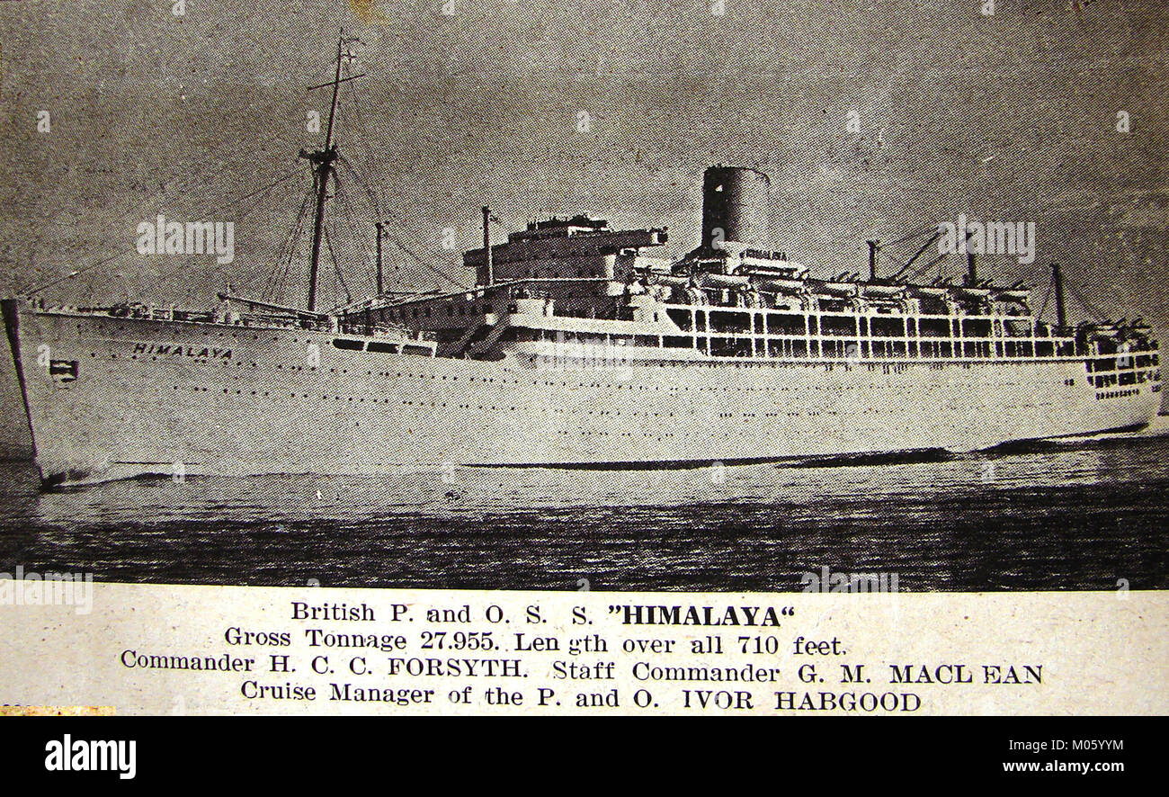 Ein Foto auf Papier der britischen P&O Kreuzfahrtschiff S S HIMALAYA (Halbinsel und Oriental Steam Navigation Company) an der Rhodes (aus dem eigenen Pkw Broschüre) ca. 1950 Stockfoto