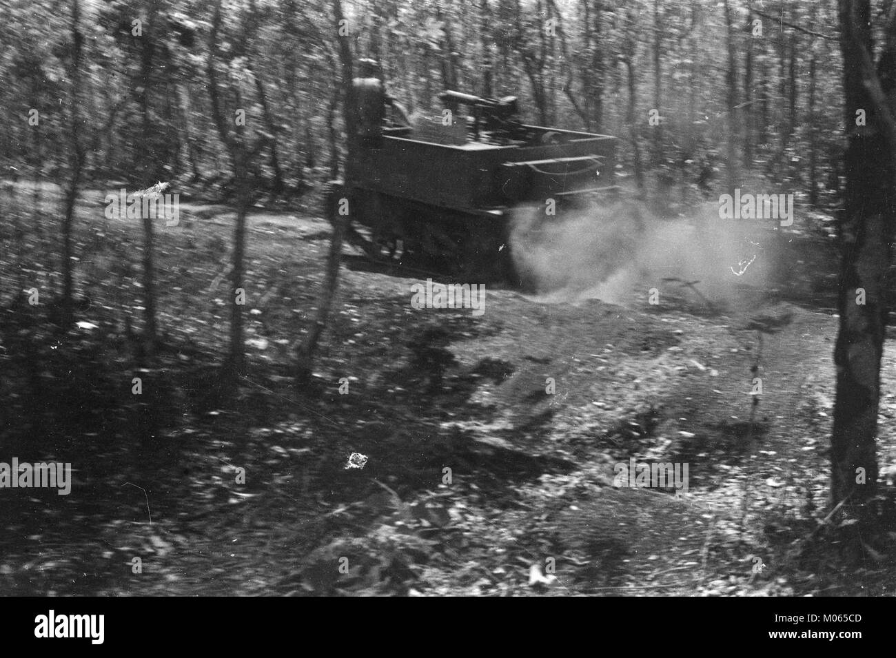 Dieses Bild zeigt Brencarrier (Maultierträger), die durch den dichten Dschungel ziehen. Das Foto, das Anfang des 20. Jahrhunderts aufgenommen wurde, zeigt die Herausforderungen des Transports in abgelegenen, bewaldeten Gebieten. Stockfoto