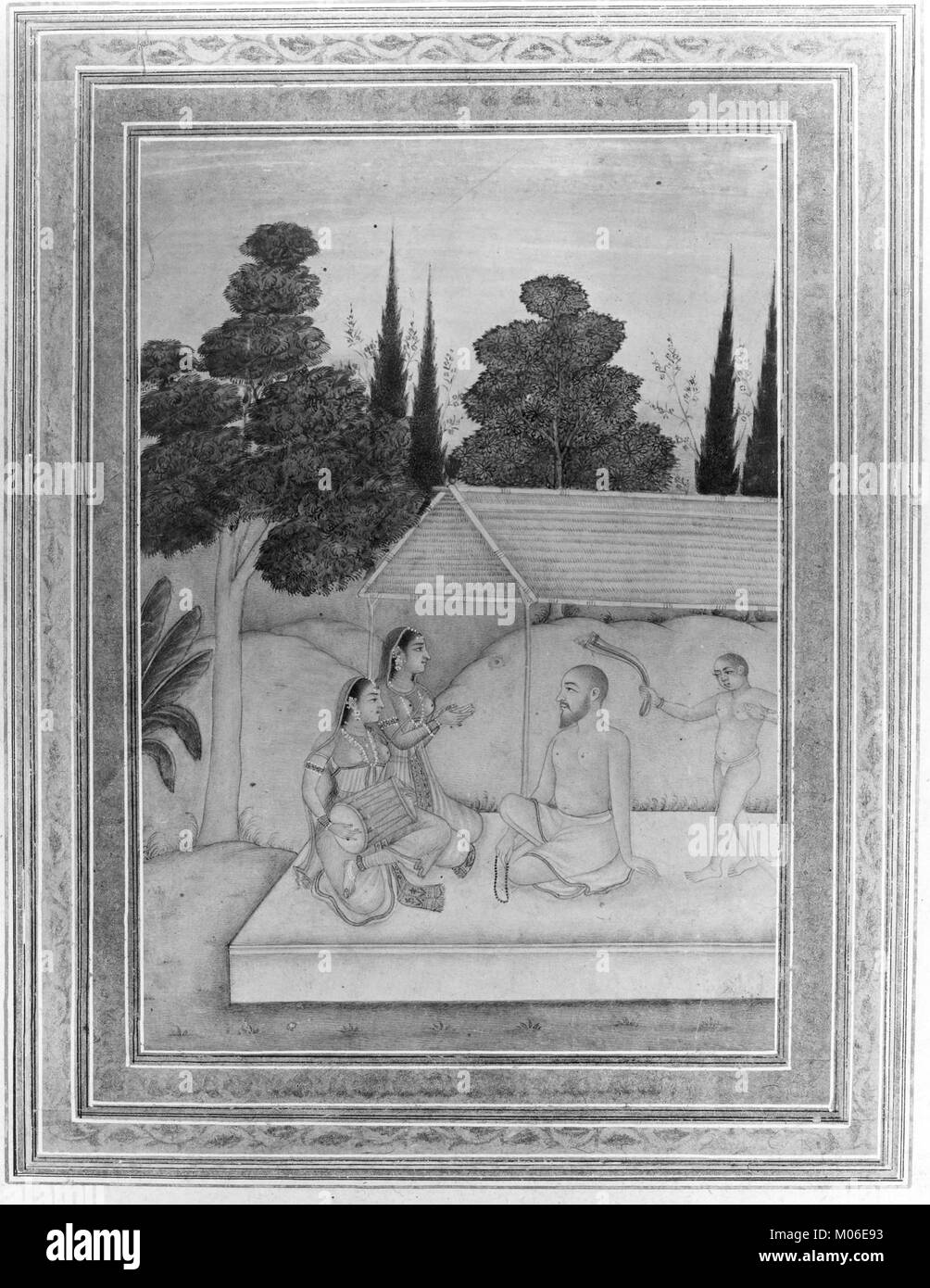 Dieses Cover zeigt Musiker, die einen heiligen Mann (Sadhu oder Fakir) als Teil einer historischen Publikation in der MET-Sammlung unterhalten. Stockfoto