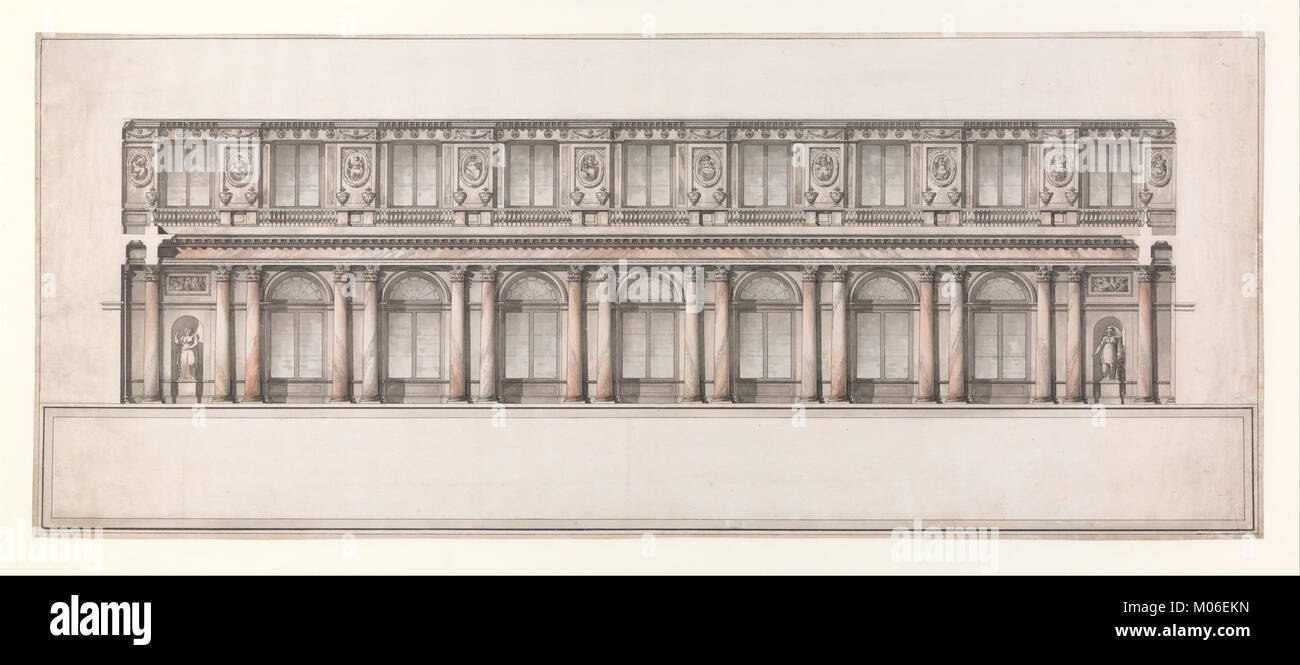 Der Längsschnitt des großen Thronsaals im St. Georgs Saal, Winterpalast, Sankt Petersburg, zeigt architektonische Grundrisse und Innenausstattung. Stockfoto