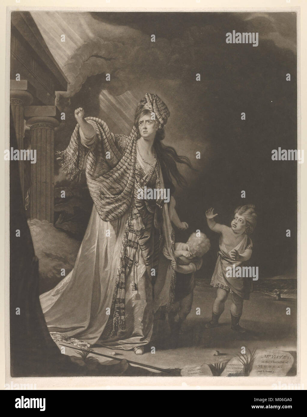 Dieses Porträt zeigt Mrs. Yates als Medea und hebt Theateraufführung, klassische Mythologie, dramatischen Ausdruck und künstlerische Darstellung des 18. Jahrhunderts hervor. Stockfoto