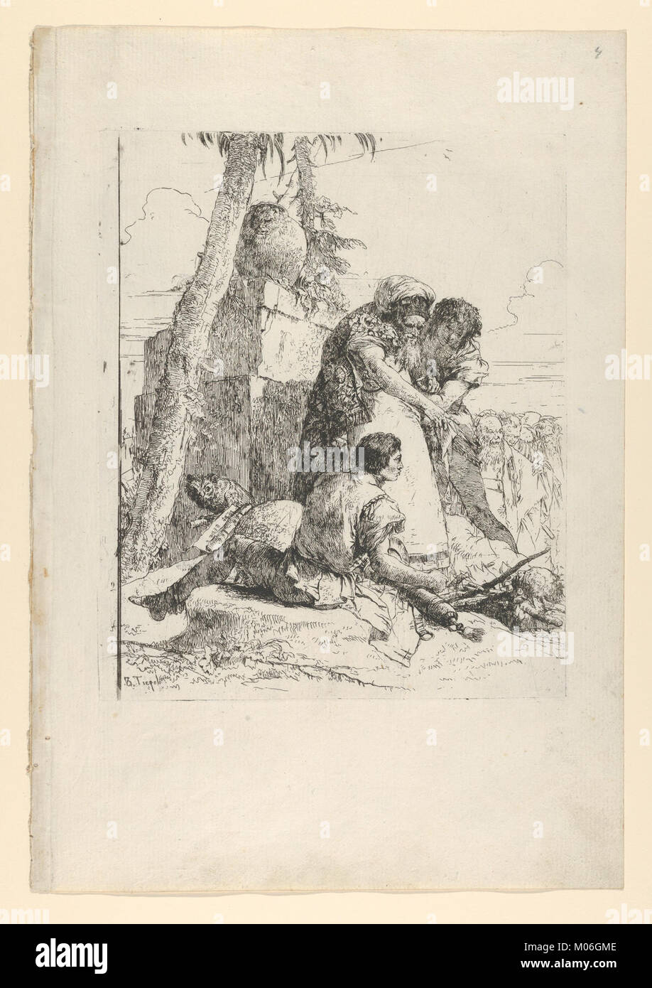 Dieses „Scherzi“-Kunstwerk zeigt einen Zauberer, der die Aufmerksamkeit auf einen brennenden Kopf lenkt und dramatische und surreale Themen in einer detaillierten Komposition veranschaulicht. Stockfoto