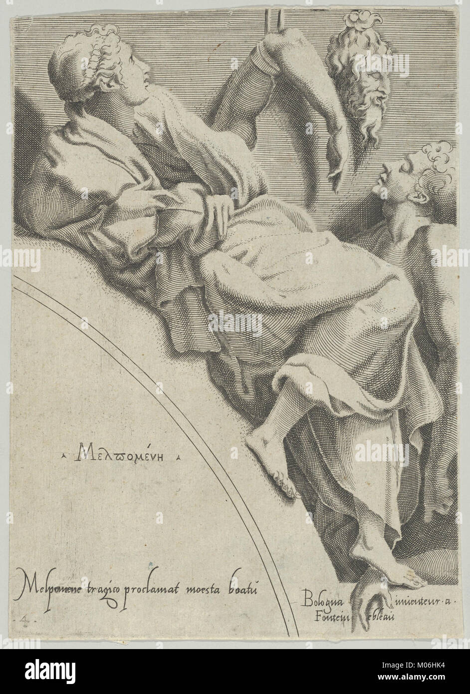 Dieses Kunstwerk zeigt Melpomene, die griechische Muse der Tragödie, und veranschaulicht dramatischen Ausdruck, Festlichkeit und klassische Theaterthemen. Stockfoto