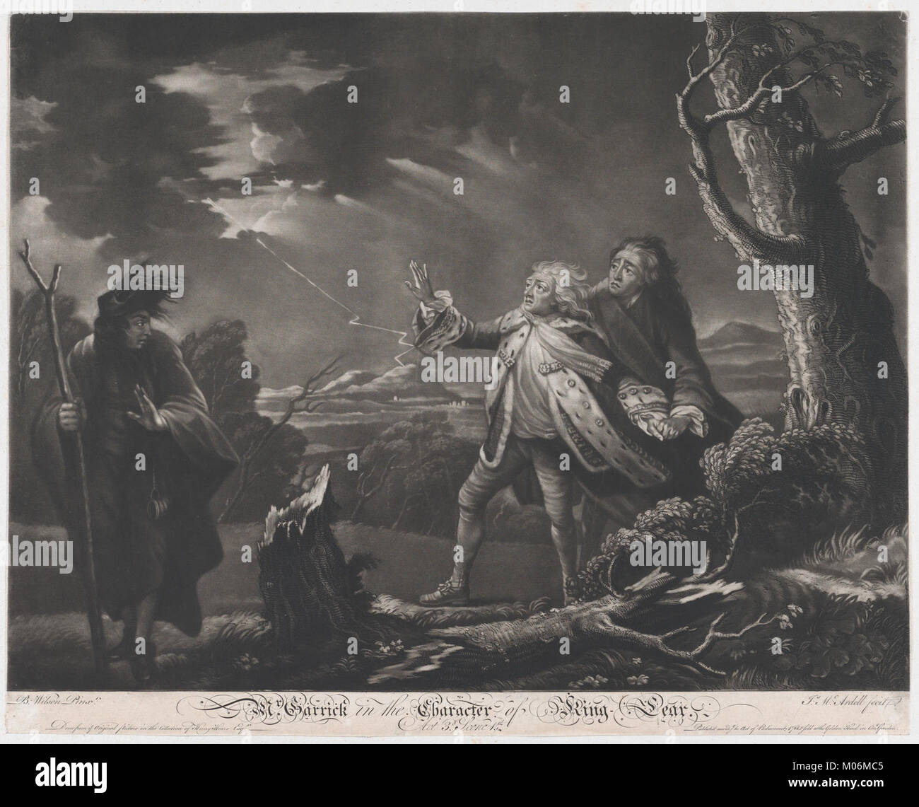 Dieses Bild zeigt David Garrick als König Lear in Akt 3, Szene 1, in der Theaterkostüme des 18. Jahrhunderts, dramatischer Ausdruck und Shakespeare-Aufführung in der britischen Theatergeschichte hervorgehoben werden. Stockfoto