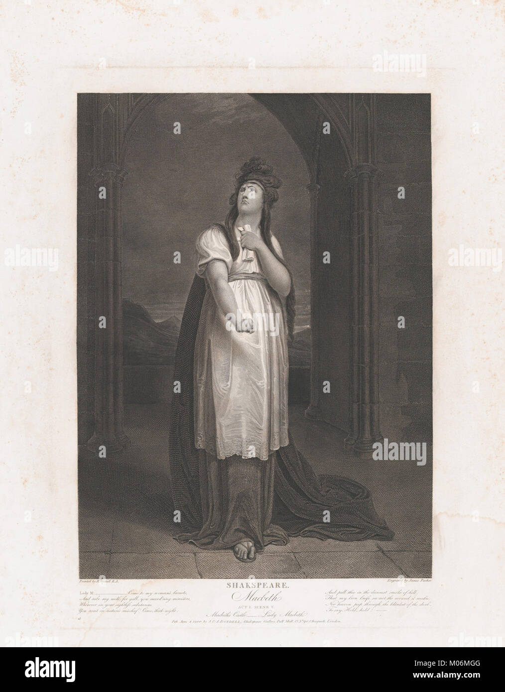 Dieses Kunstwerk zeigt Lady Macbeth aus Shakespeares „Macbeth“, Akt 1, Szene 5, und veranschaulicht ihren Ehrgeiz und ihren skrupellosen Charakter in einem dramatischen literarischen Kontext. Stockfoto