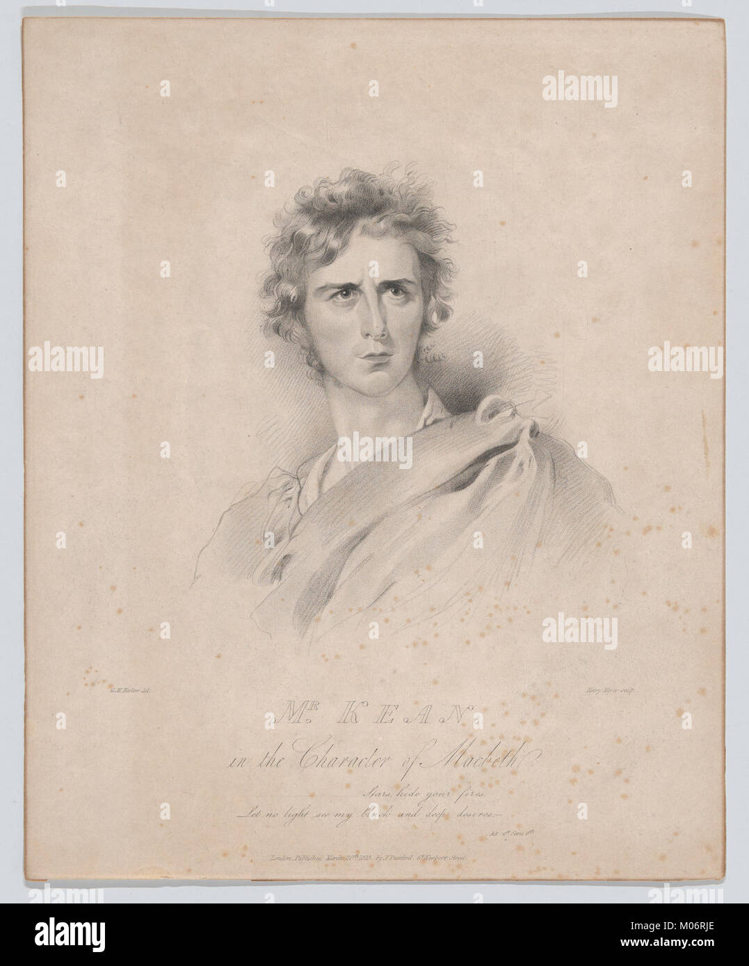 Dieses Porträt zeigt den Schauspieler Mr. Kean als Macbeth, der die dramatische Intensität und theatralische Präsenz in Shakespeares Tragödie unterstreicht. Stockfoto