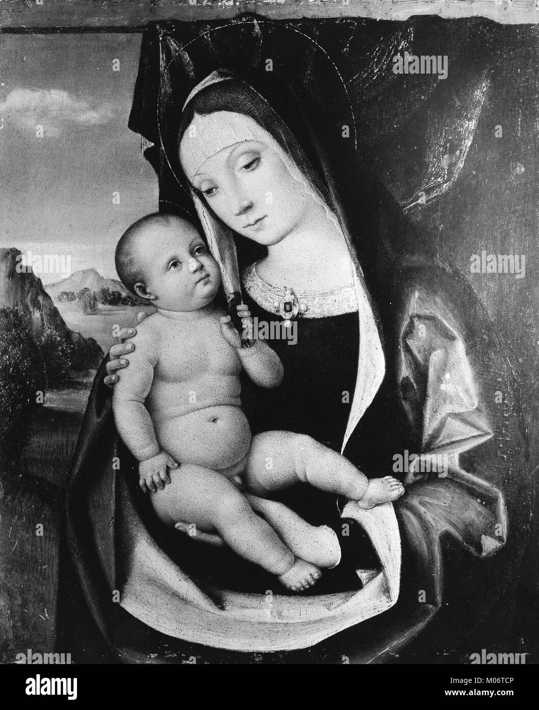 Diese historische Illustration zeigt Madonna und Kind und betont christliche Ikonographie, mütterliche Bindung und Andachtsthemen, die in einem Vintage-Stil erhalten sind. Stockfoto