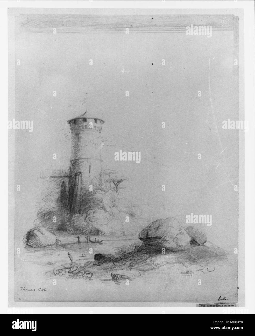 Diese Illustration aus dem McGuire Scrapbook zeigt eine Landschaft mit einem historischen Turm, in der architektonische und natürliche Elemente in einer detaillierten Darstellung aus der Vergangenheit festgehalten werden. Stockfoto