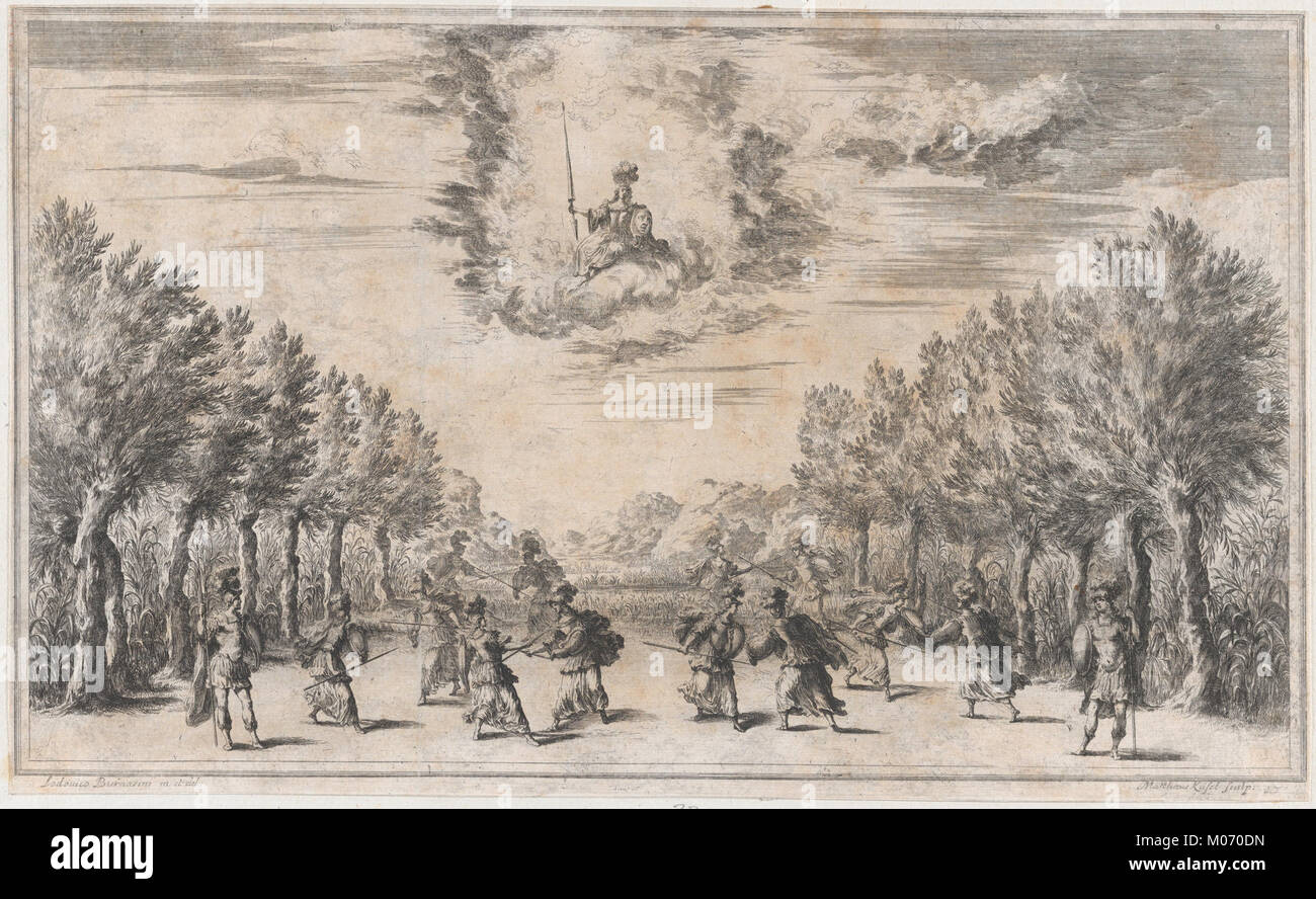 Ein Bühnenbild, das den „Marsch von Triton“ aus „Il Pomo D'Oro“ darstellt, zeigt Figuren im Kampf mit Minerva, die von oben beobachtet werden, und veranschaulicht dramatische Theaterkompositionen. Stockfoto