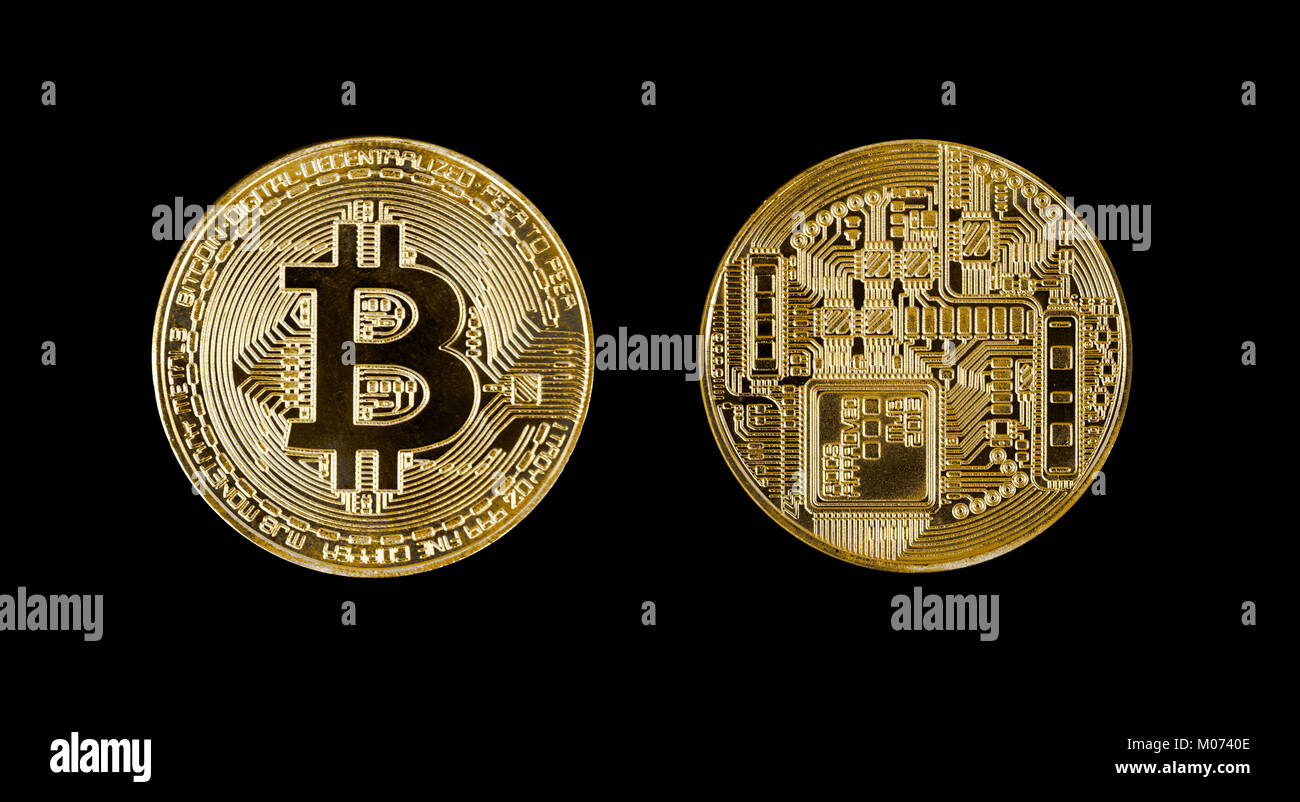 Gold bitcoin Münze Kopf und Schwanz auf schwarzem Hintergrund Stockfoto