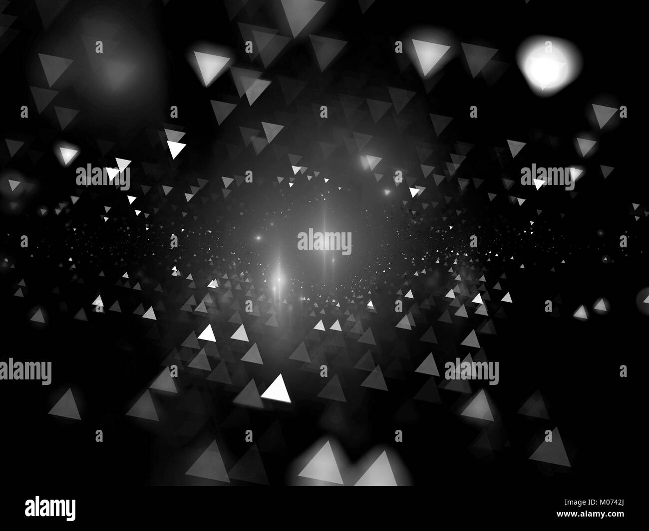 Glühende bokeh Dreiecke schwarz-weiß Textur, Computer abstrakten Hintergrund erzeugt, 3D-Rendering Stockfoto