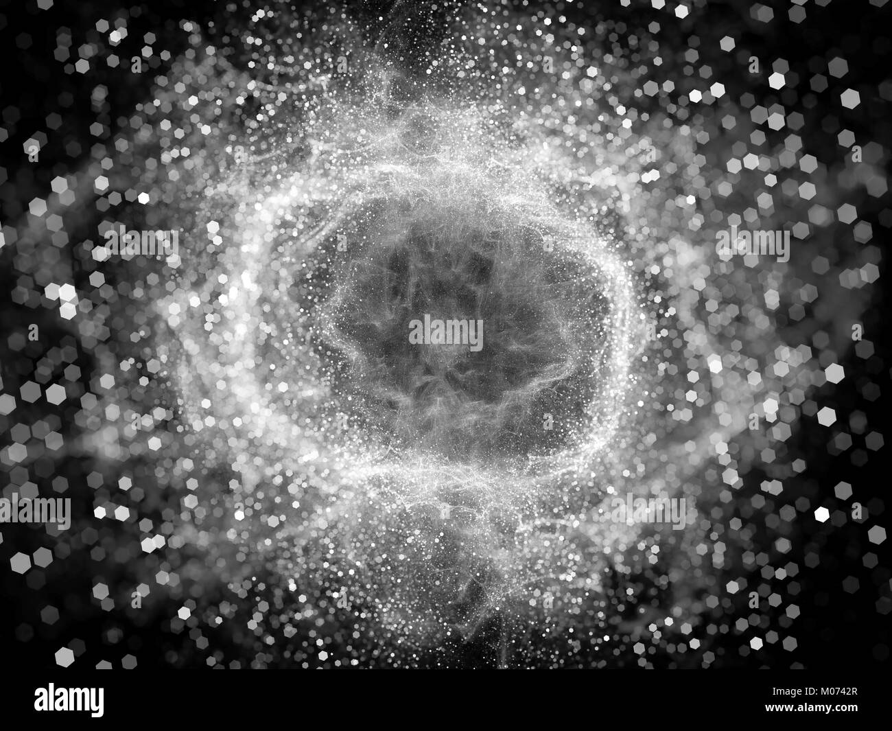 Glühende Explosion im Raum mit Bokeh schwarze und weiße Textur, computer-generierte Zusammenfassung Hintergrund, 3D-Rendering Stockfoto
