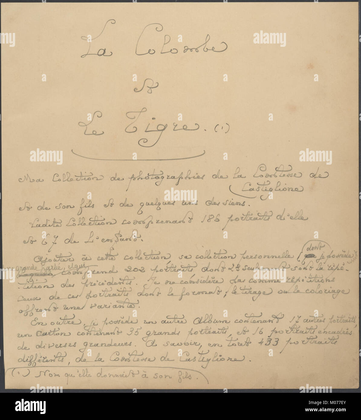 Das Foto „La Colombe et Le Tigre“ aus der Sammlung der Gräfin von Castiglione fängt dramatische Bilder ein, die das aristokratische Leben und künstlerische Fotopraktiken widerspiegeln. Stockfoto