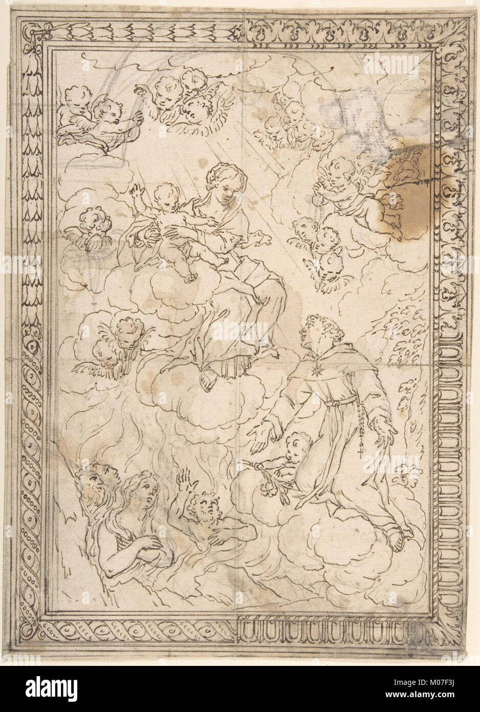 Ein historisches Cover, das eine kniende heilige und verlorene Seelen vor der Madonna und dem Kind zeigt, einschließlich vier abwechselnden Grenzdesigns, illustriert für MET DP802679. Stockfoto