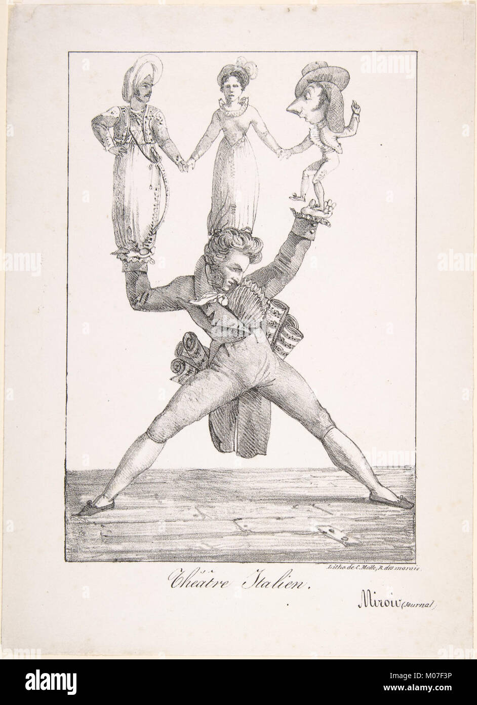 Ein Kunstwerk, das italienisches Theater zeigt, das dramatische Kunst, Performance und Trachtentraditionen in der italienischen Kulturgeschichte betont. Stockfoto