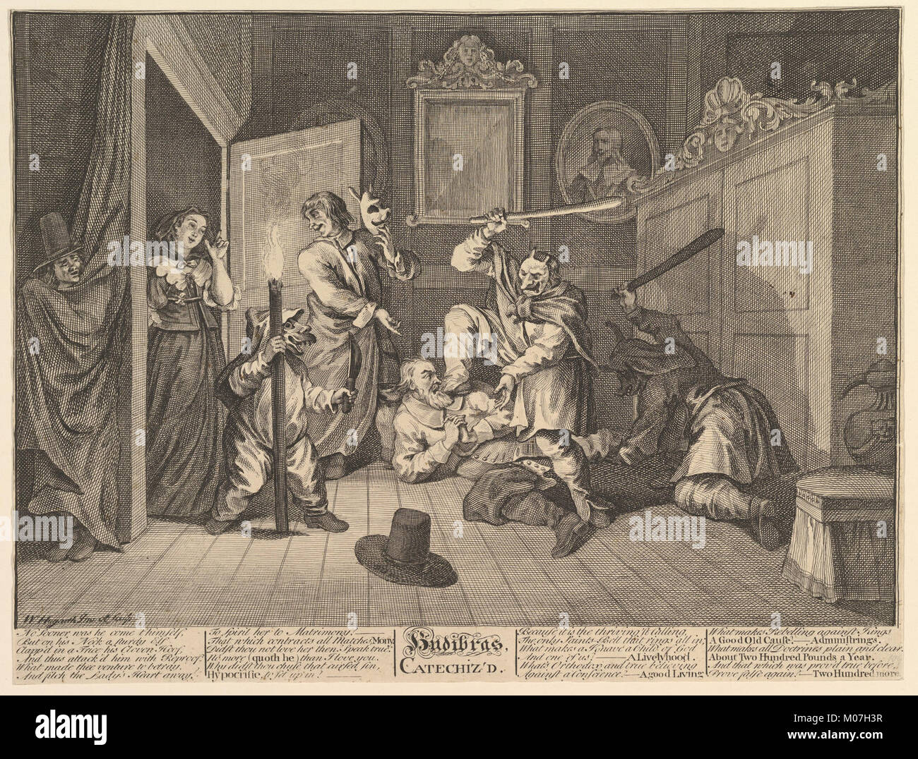 Die Illustration zeigt eine satirische Szene aus Hudibras mit detaillierter künstlerischer Darstellung und humorvollem, kritischem Erzählton. Stockfoto