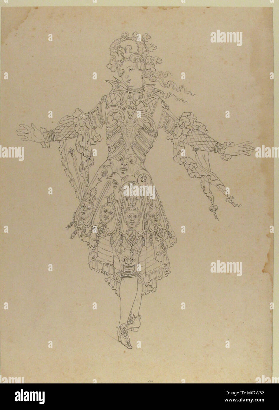 Dieses Bild zeigt einen männlichen Schauspieler in einem Ballettkostüm und veranschaulicht zeitspezifische Kleidung und theatralische Aufführungstraditionen. Stockfoto