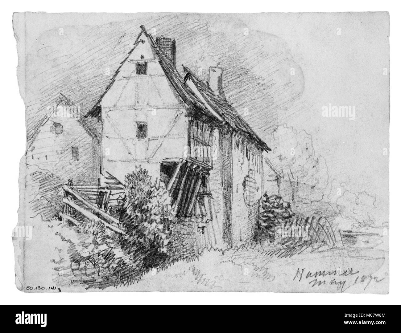 Abbildung „Haus, Hammer“ aus der MET-Kollektion, zeigt die Architektur und Werkzeuge des Wohnhauses und hebt das historische Design und die strukturellen Elemente hervor. Stockfoto