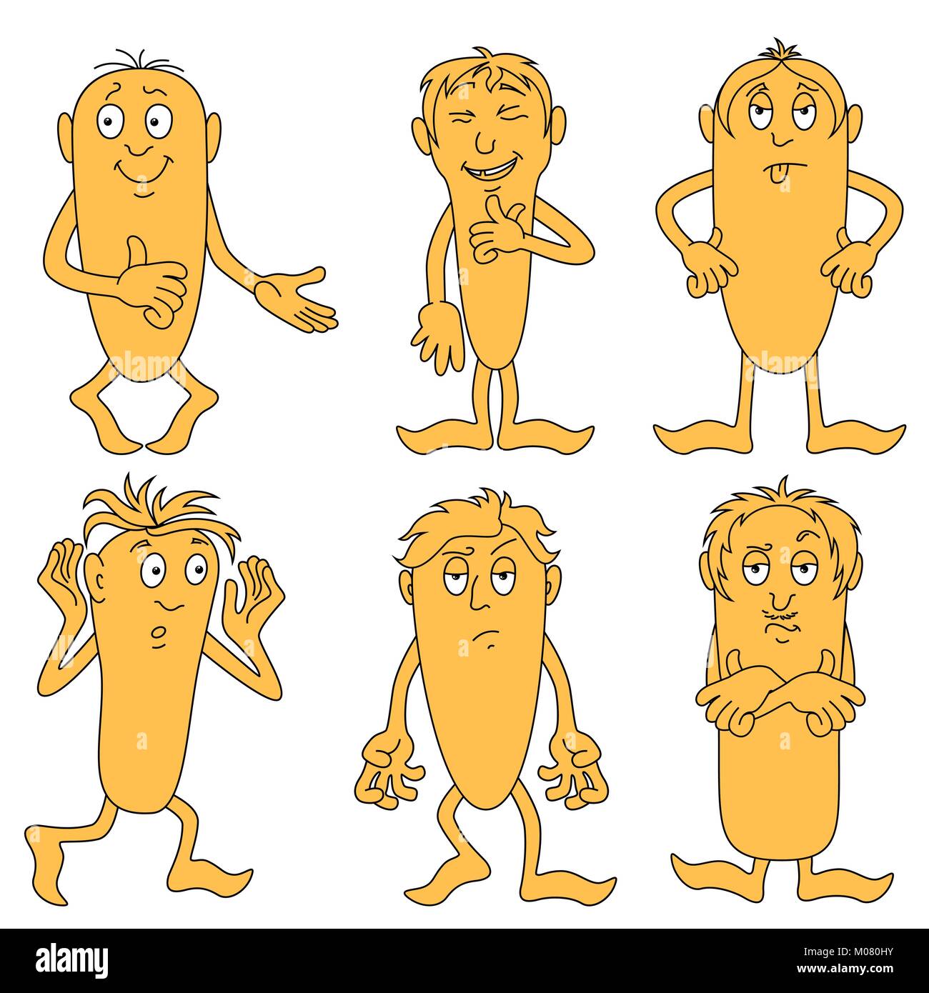 Sammlung von sechs lustigen männliche Charaktere mit verschiedenen Grimassen, cartoon Vektorgrafiken auf weißem Hintergrund Stock Vektor