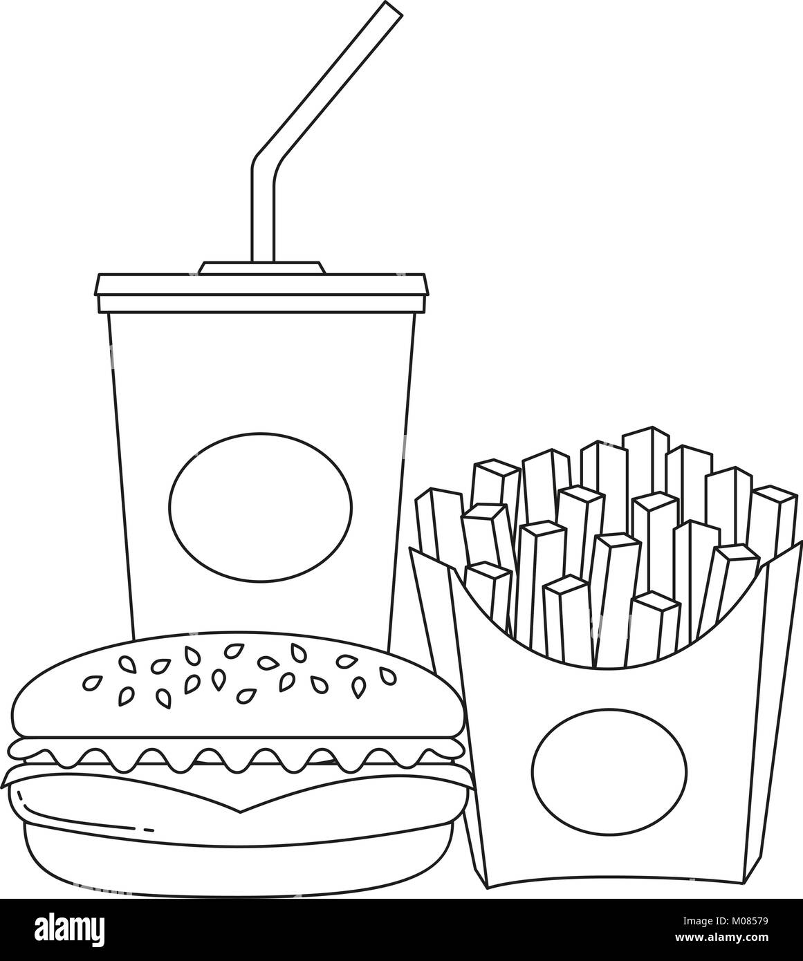 Schwarze Und Weisse Linie Art Poster Fast Food Soda Burger Pommes Frites Stock Vektorgrafik Alamy