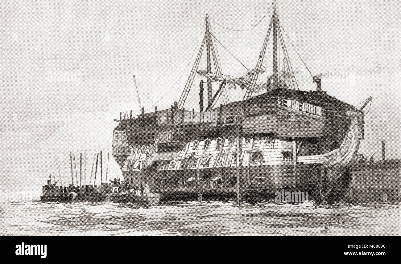 Die HMS York, ein britisches Gefängnis hulk verwendet die Tolpuddle Märtyrer zu Haus. Gefängnis Wracks wurden Schiffe, die Behörden als schwimmende Gefängnisse im 18. und 19. Jahrhunderten stillgelegt. Die Märtyrer von Tolpuddle, veröffentlicht 1934. Stockfoto