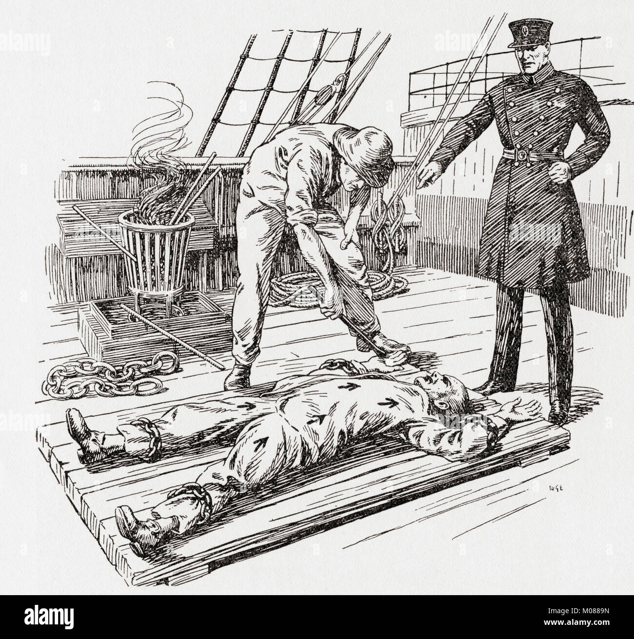 Das Branding eines Gefangenen mit einem heißen Eisen an Bord ein Gefängnis hulk im frühen 19. Jahrhundert. Die Märtyrer von Tolpuddle, veröffentlicht 1934. Stockfoto
