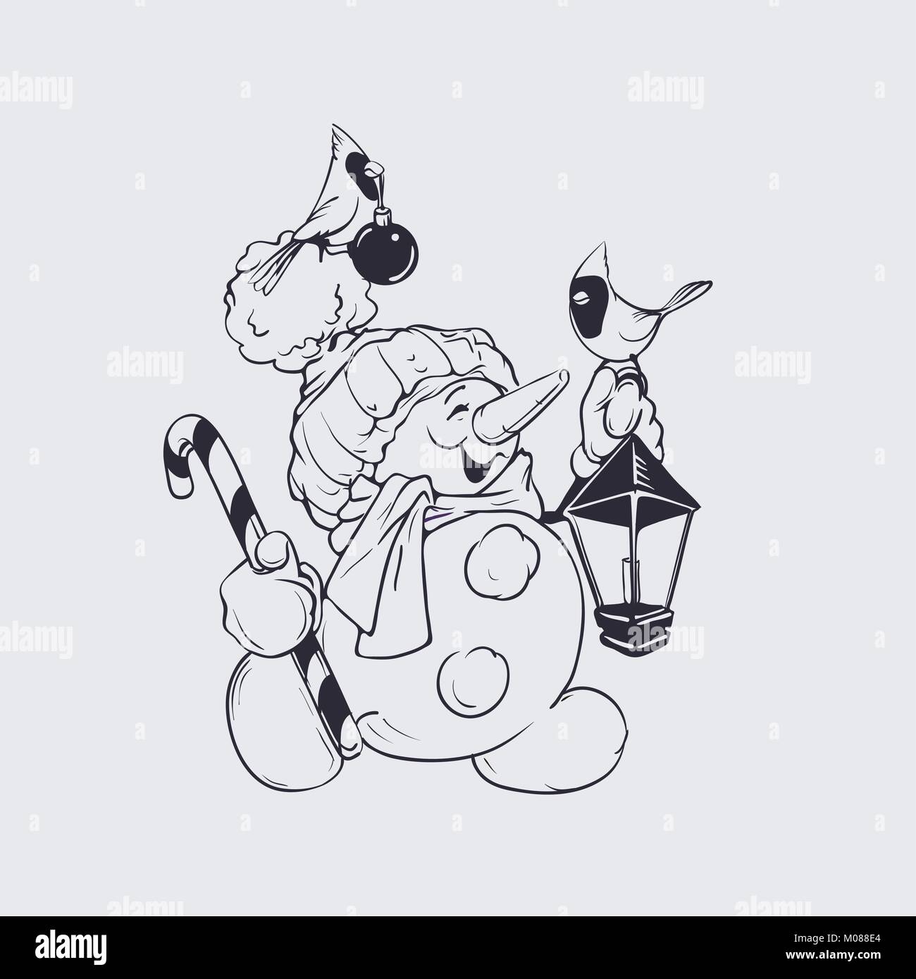 Süß lächelnd Schneemann mit Zuckerstange und Weihnachten Laterne, Karte Stock Vektor