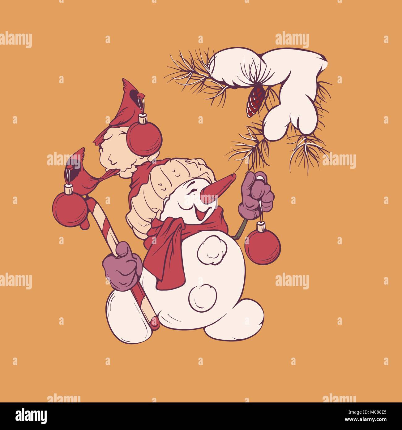 Süß lächelnd Schneemann mit Zuckerstange, dekorieren Kiefer, Vogel Stock Vektor