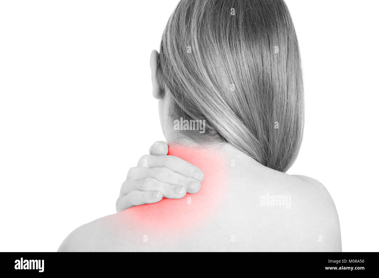 Nackenschmerzen, Frau mit Hand auf schmerzhafte Bereich Rot auf Weiß, Beschneidungspfade isoliert Stockfoto