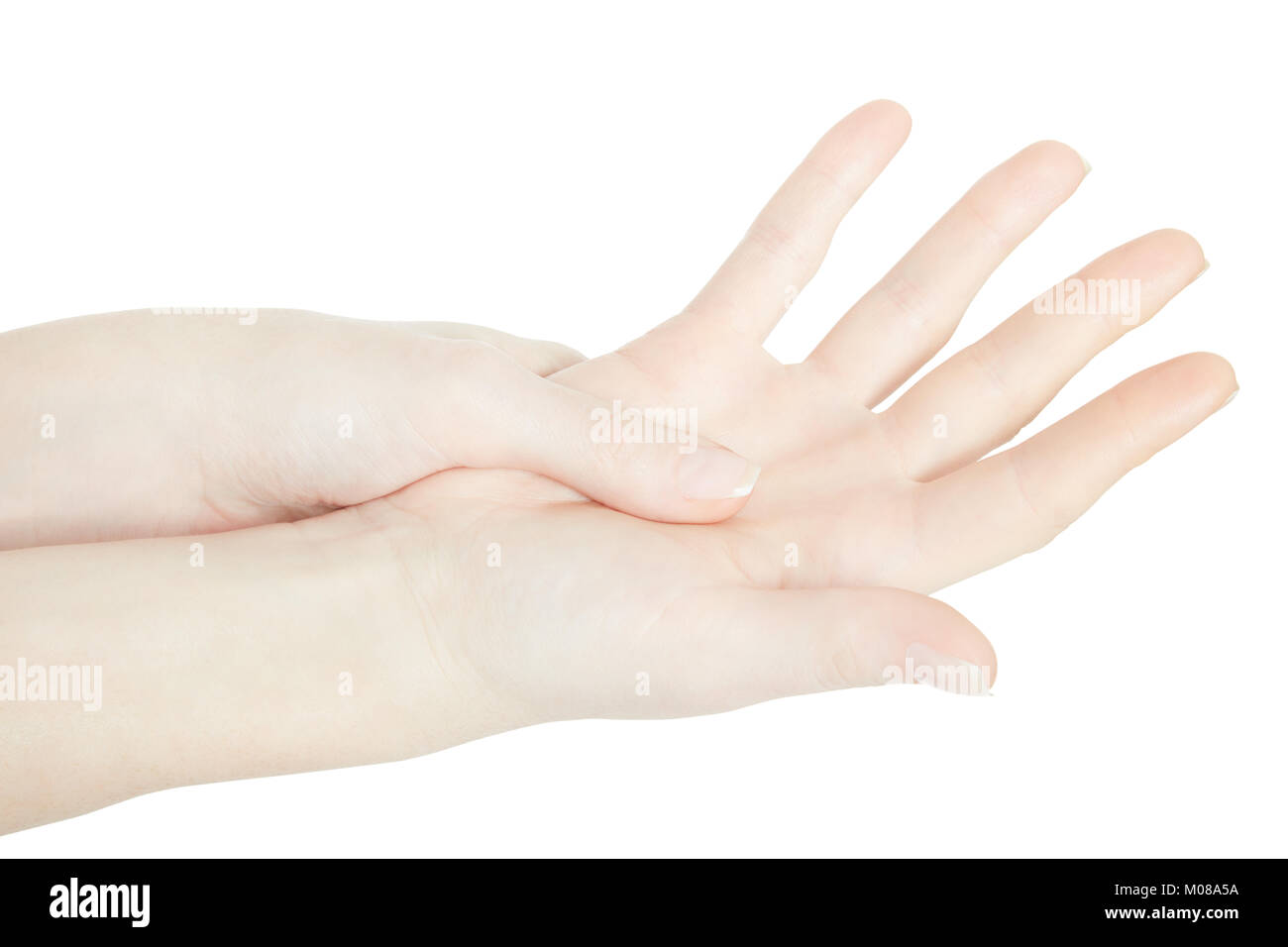 Frau Hand mit der Handfläche Schmerz auf weißen, Beschneidungspfade isoliert Stockfoto