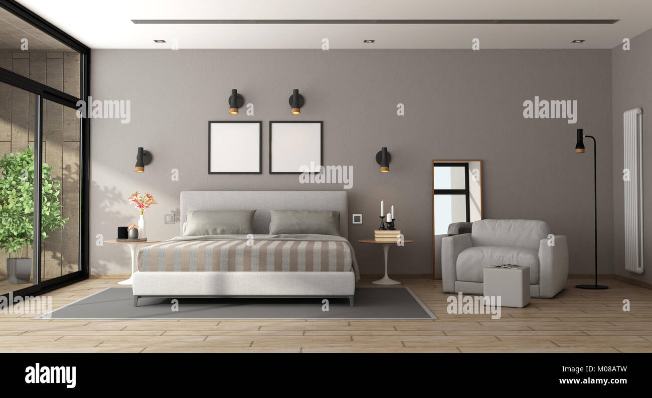 Moderne Schlafzimmer mit Bett und Sessel - 3D-Rendering Stockfoto