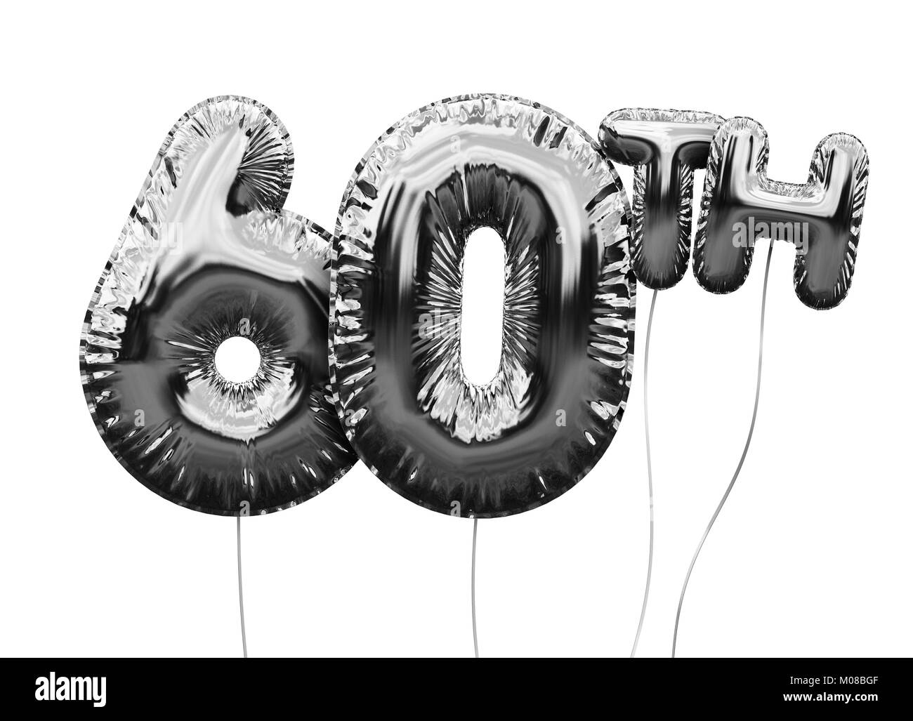 Gold Nr. 60 Folie geburtstag Ballon auf Weiß isoliert. Golden party Feier. 3D-Rendering Stockfoto