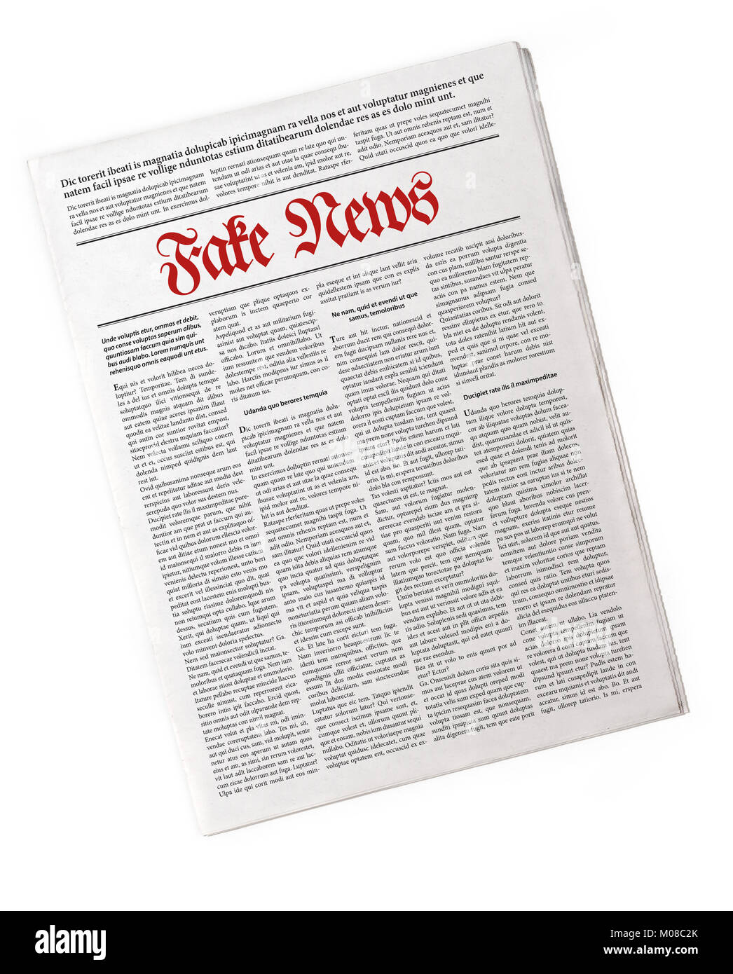 Gefälschte Zeitung, die über gefälschte Nachrichten. Fake Lorem ipsum Text, isoliert auf weißem Stockfoto