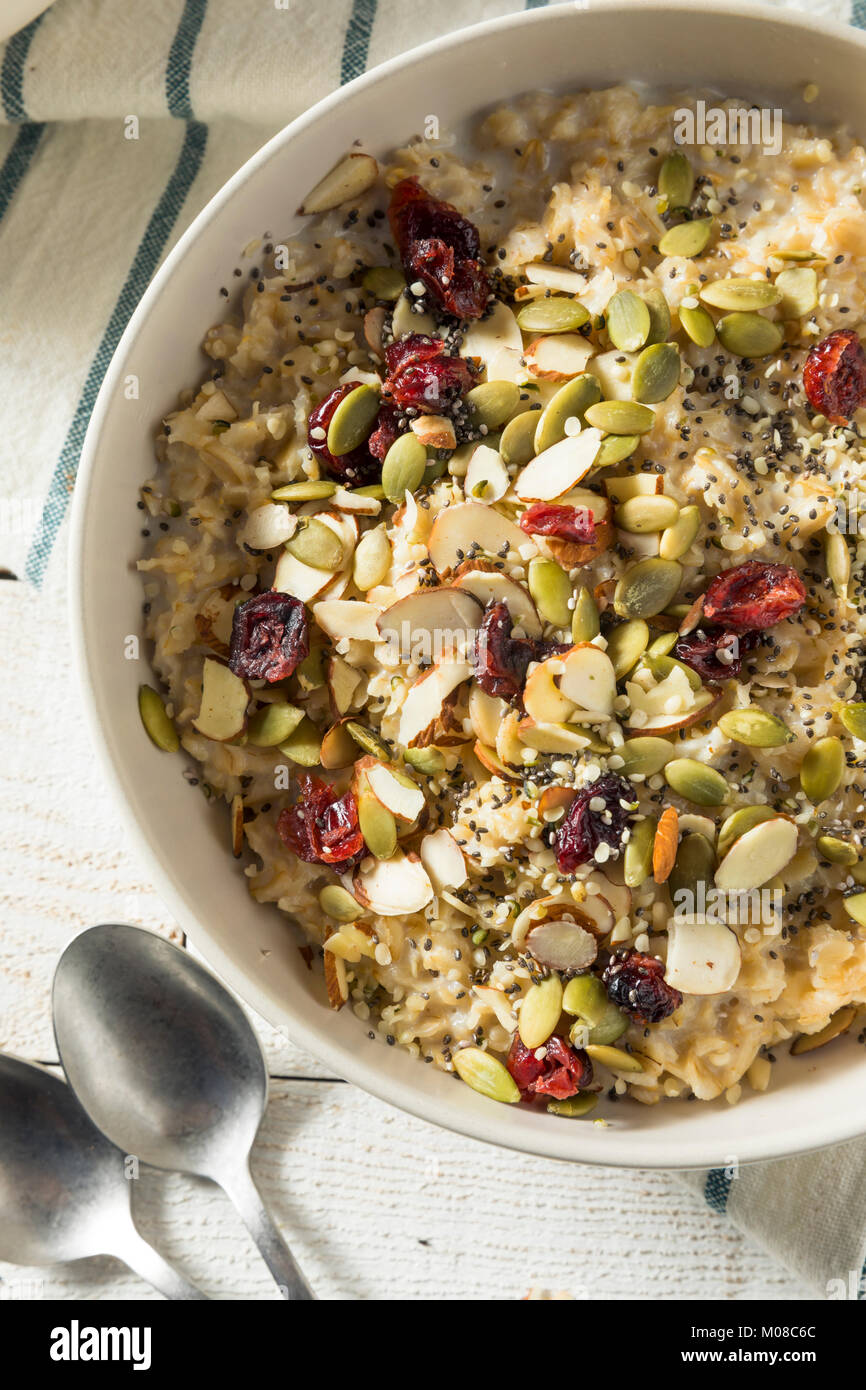 Gesunde organische Superfood Haferflocken Frühstück mit Chia Samen Kürbis Mandeln Cranberries Hanf Stockfoto