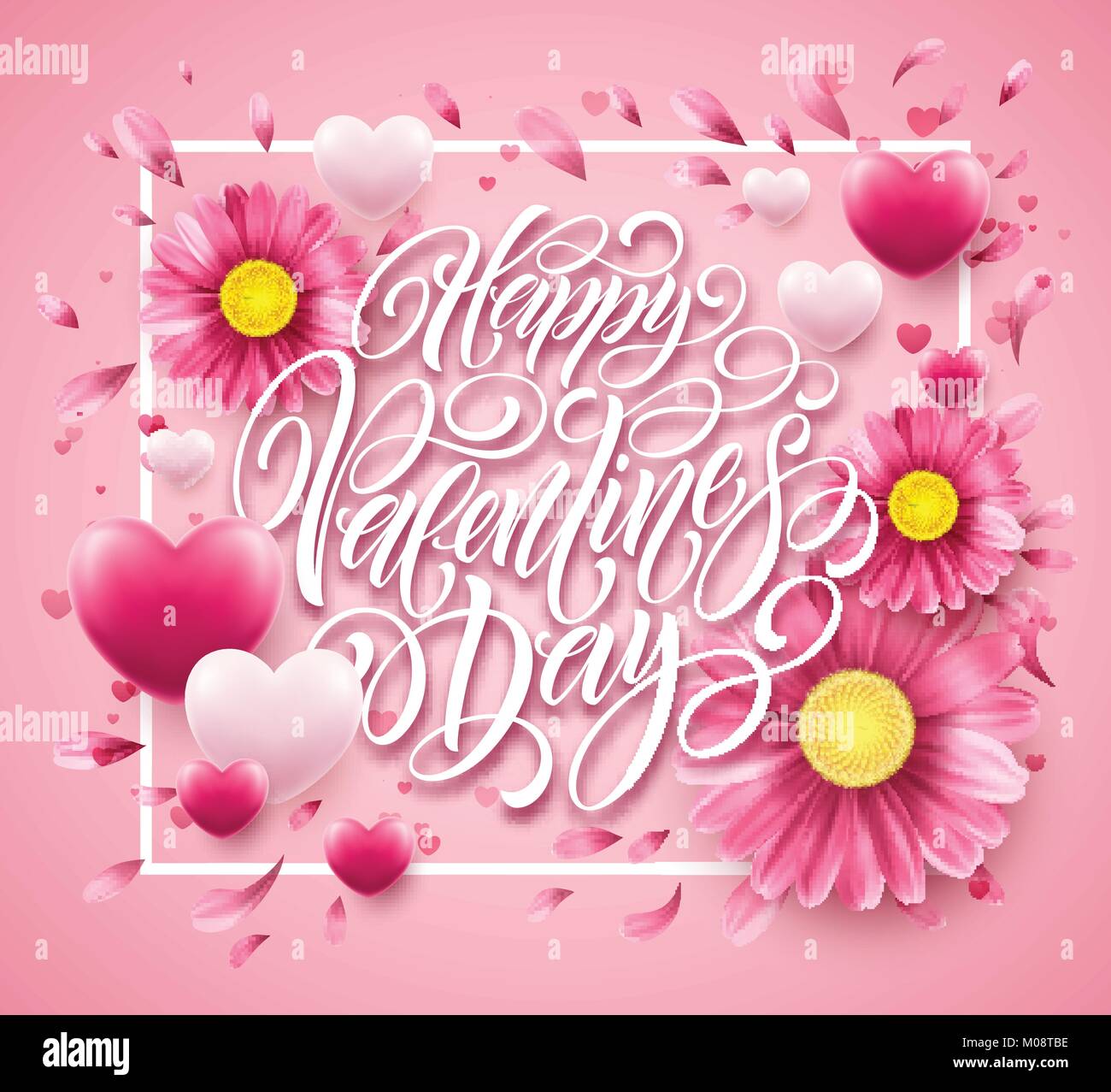 Valentines Tag Schriftzug mit Blumen und Herz Hintergrund. Vector Illustration Stock Vektor