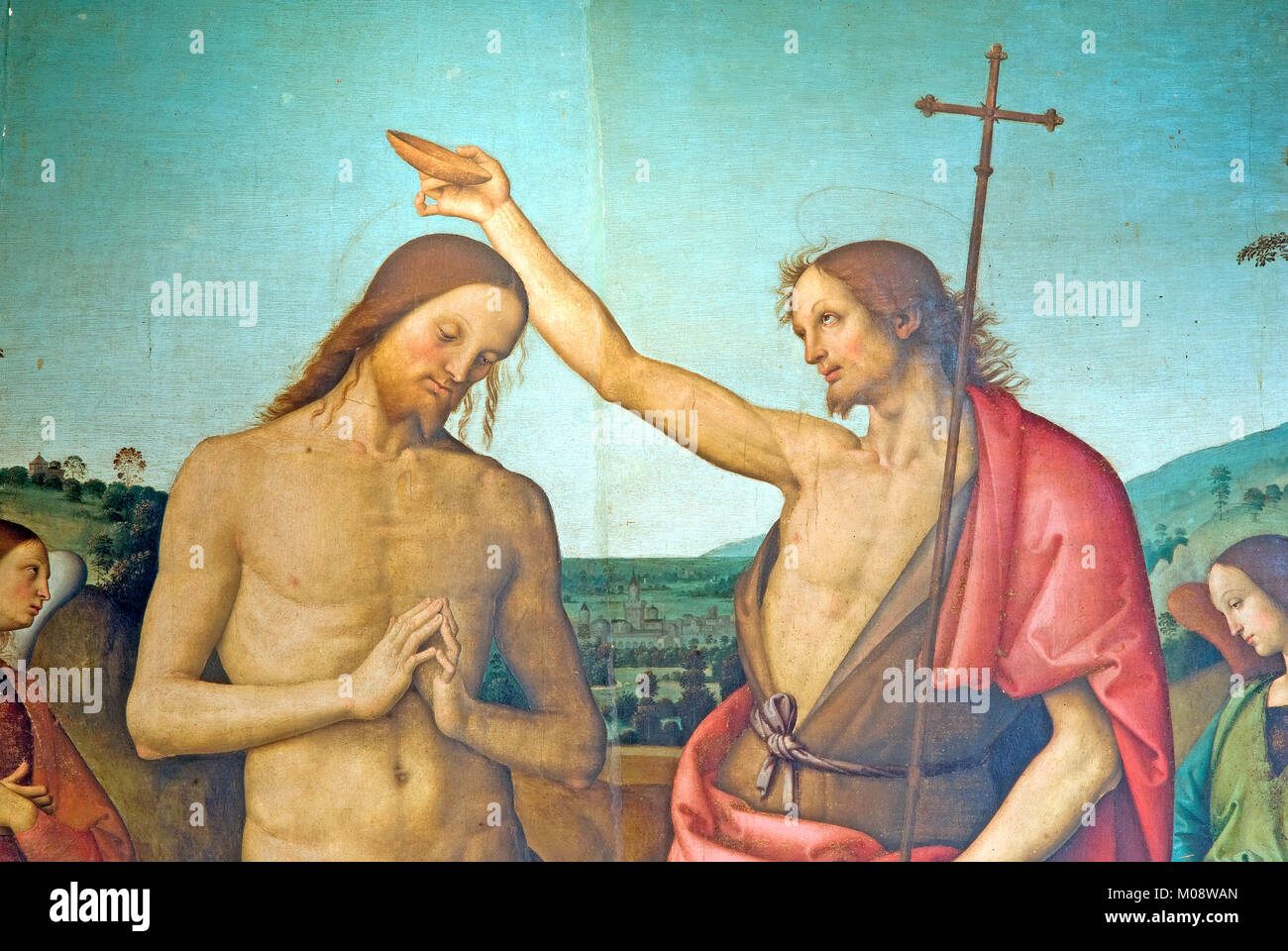 Detail des Gemäldes "Il Battesimo di Cristo", die Taufe von Jesus Christus, durch Pietro Vannucci (wie Il Perugino bekannt), Città della Pieve, Umbrien, Italien Stockfoto