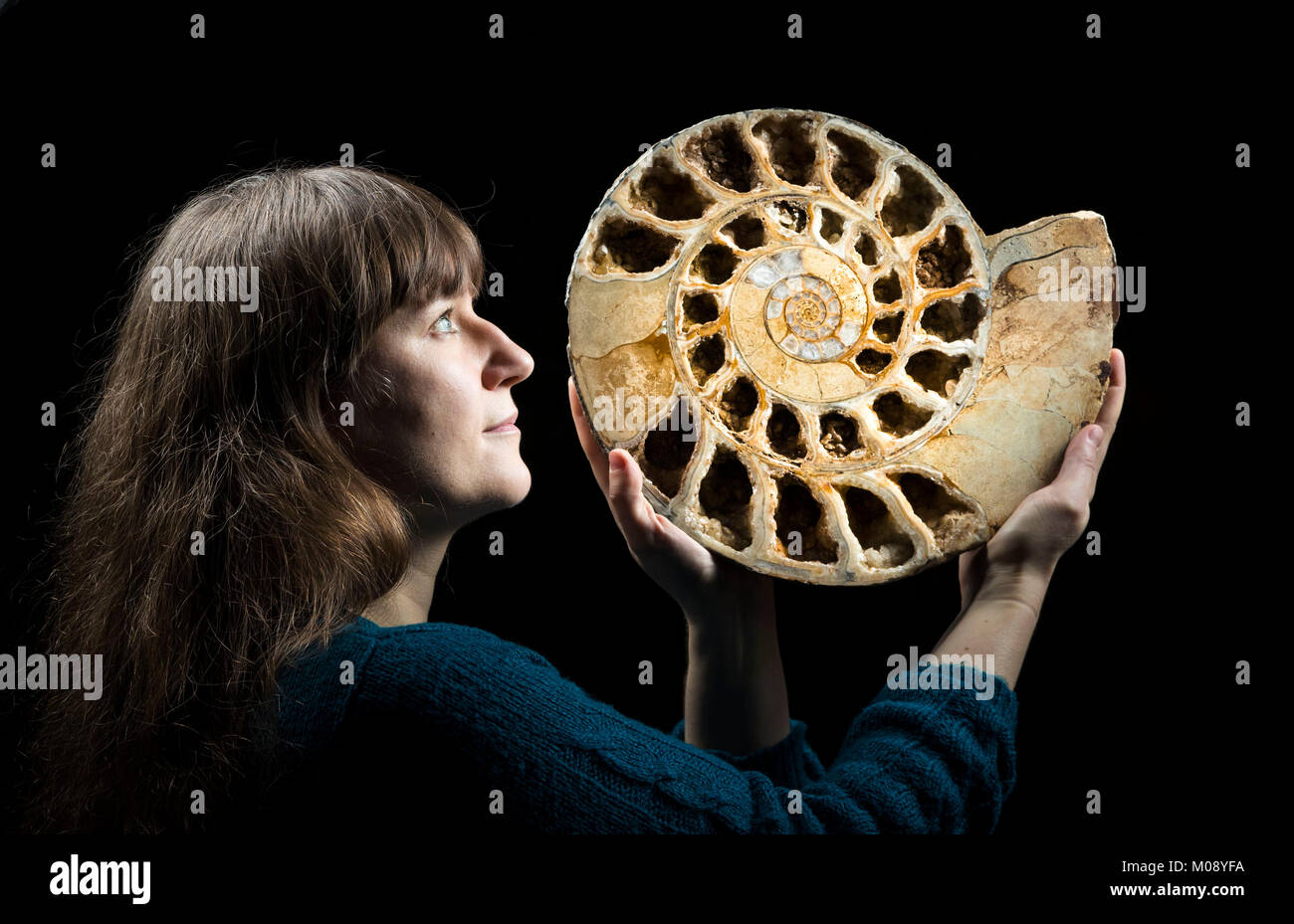 Sarah König, Kurator der Naturwissenschaften an der Yorkshire Museum in New York, hält eine 170 Millionen Jahre alte Ammoniten fossilen, wie sie wählt Elemente vor neue Jurassic Ausstellung des Yorkshire Museum. Stockfoto
