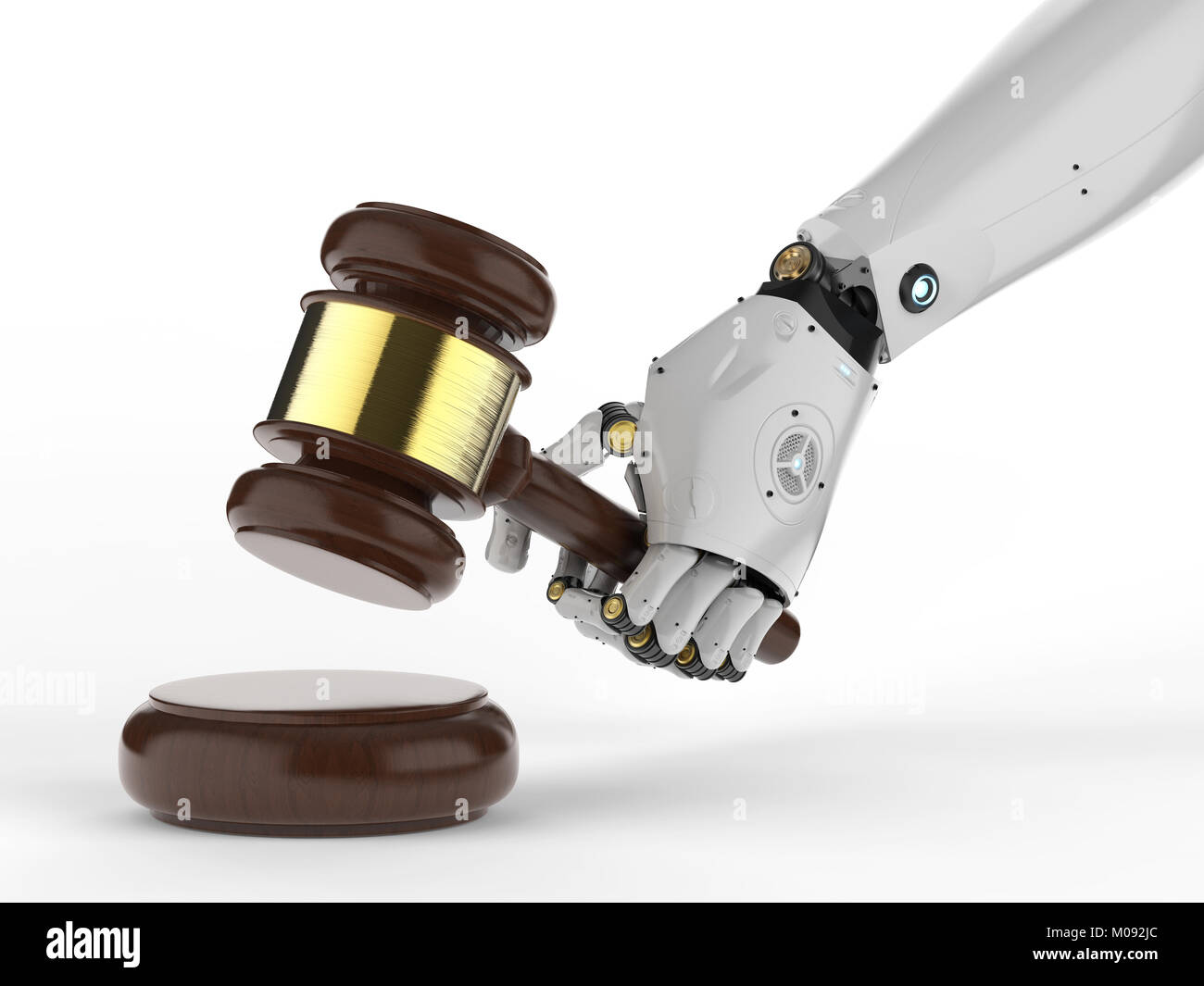 Domainrecht Konzept mit 3D-Rendering robotic Hand, die Hammer Richter auf weißem Hintergrund Stockfoto