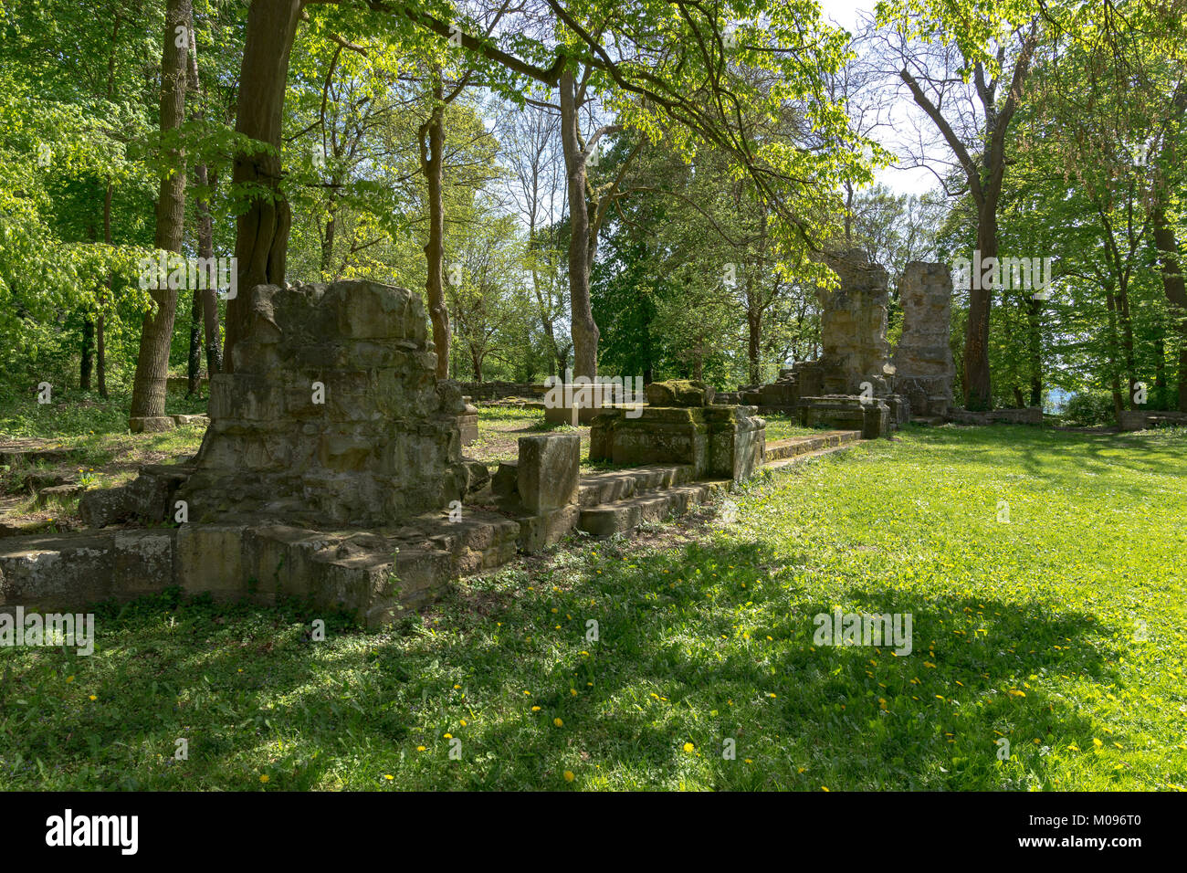 Ruinen des Klosters Disibodenberg. Welterbe Ruine der Disibod Kloster auf dem Gipfel des Hügels Disibodenberg bei Odernheim in Deutschland, Rheinland Stockfoto