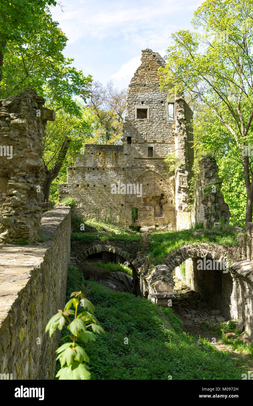 Ruinen des Klosters Disibodenberg. Welterbe Ruine der Disibod Kloster auf dem Gipfel des Hügels Disibodenberg bei Odernheim in Deutschland, Rheinland Stockfoto