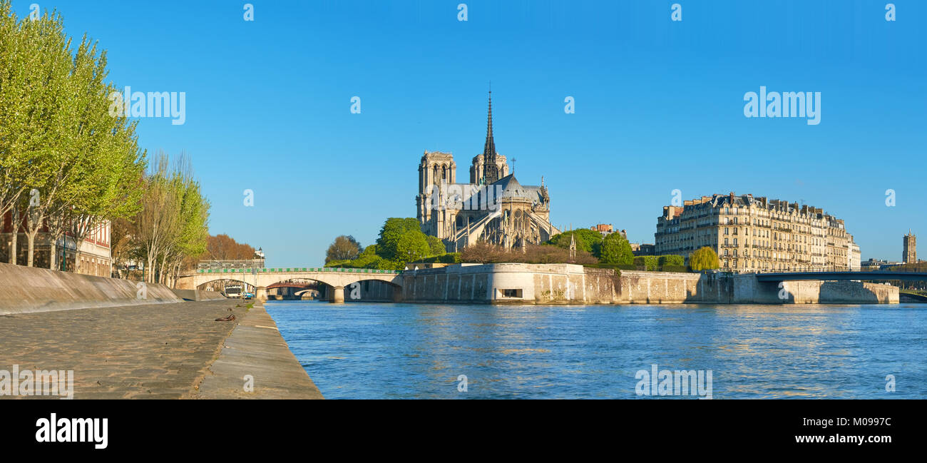 Paris, Panorama über den Fluss Seine mit der Kathedrale Notre-Dame von der Rückseite auf einem hellen Tag im Frühling. Stockfoto