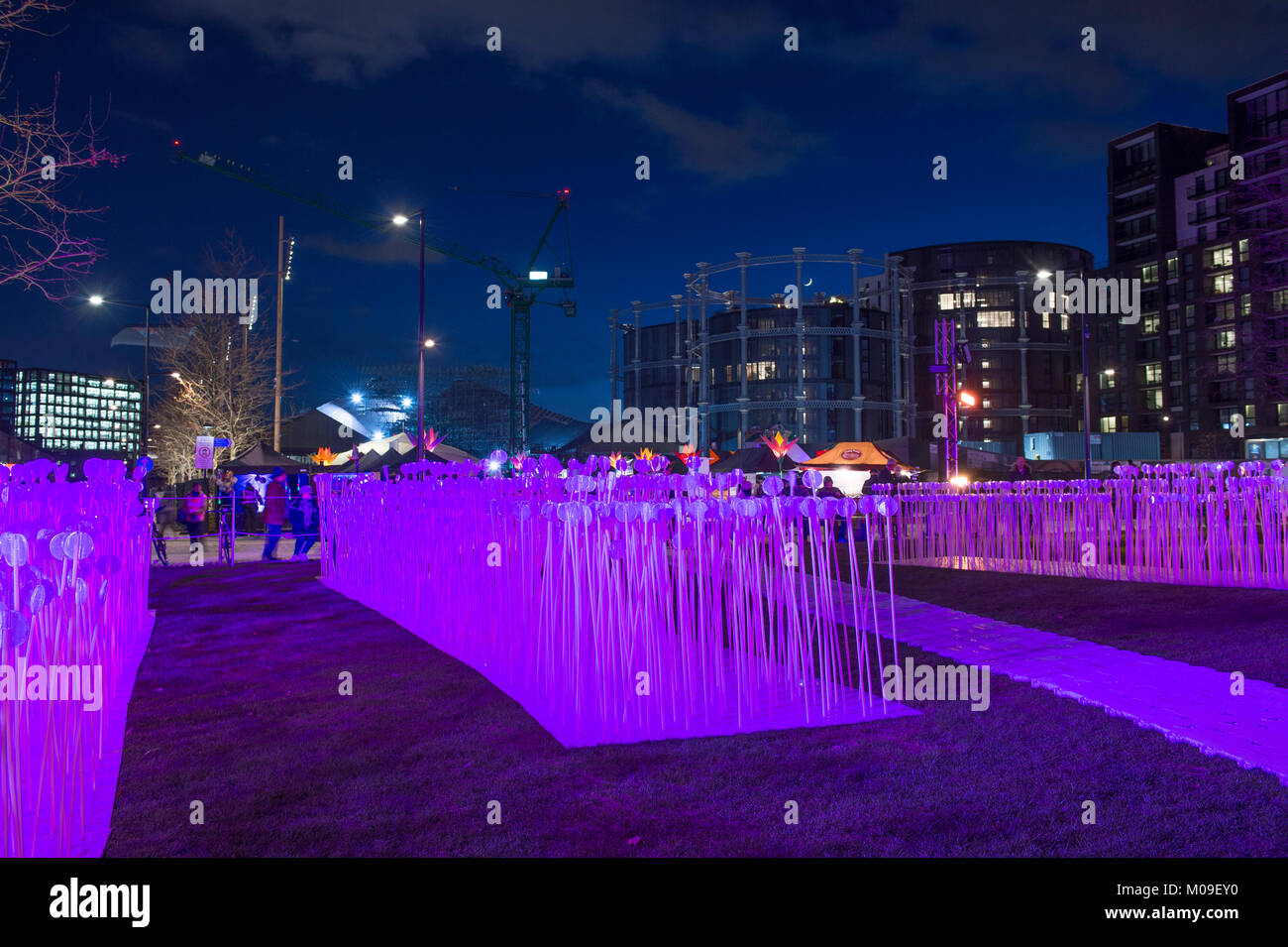 London, Großbritannien. 19 Jan, 2018. Standorte um Kings Cross in London mit spektakulären Licht zeigt durch erstklassige Künstler und große Menschenmengen. "Entre les Rangs' von Rami Bebawi/KANVA bietet Tausende von Reflektor Blumen bei Lewis Cubitt Park. Credit: Malcolm Park/Alamy Leben Nachrichten. Stockfoto