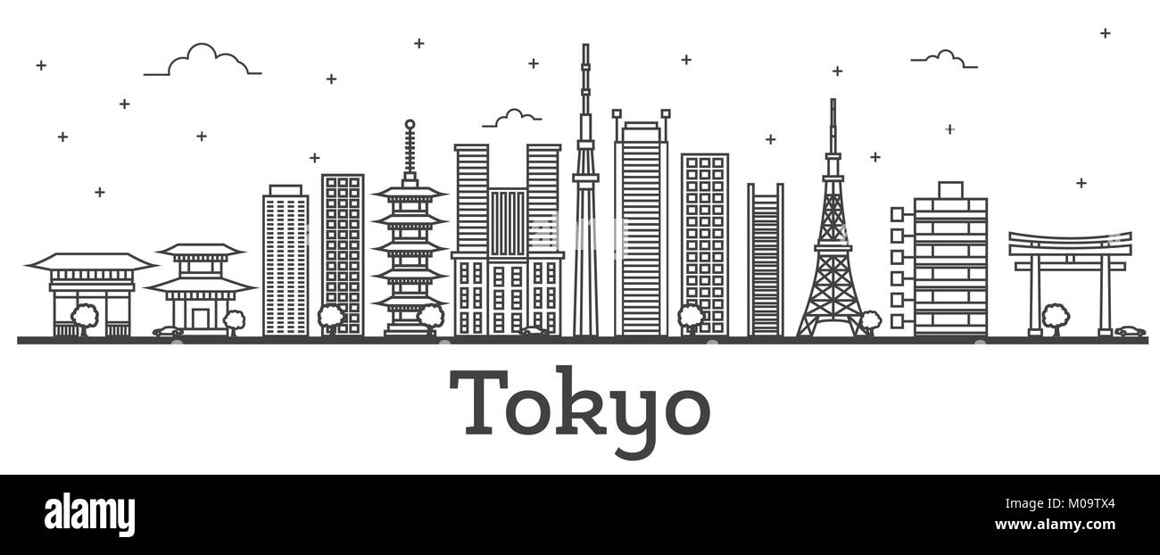 Umrisse Tokyo Japan Skyline der Stadt mit modernen Gebäuden isoliert auf Weiss. Vector Illustration. Tokio Stadtbild mit Sehenswürdigkeiten. Stock Vektor