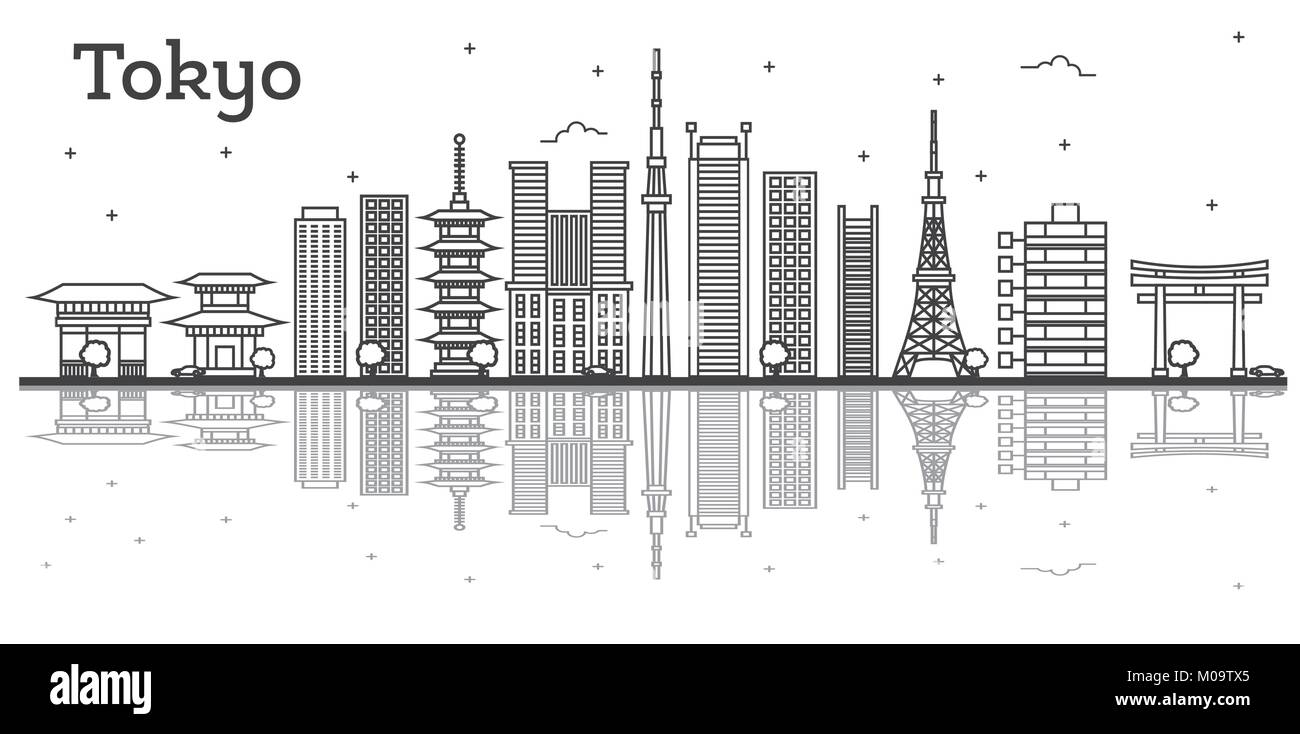 Umrisse Tokyo Japan Skyline der Stadt mit modernen Gebäuden isoliert auf Weiss. Vector Illustration. Tokio Stadtbild mit Sehenswürdigkeiten. Stock Vektor