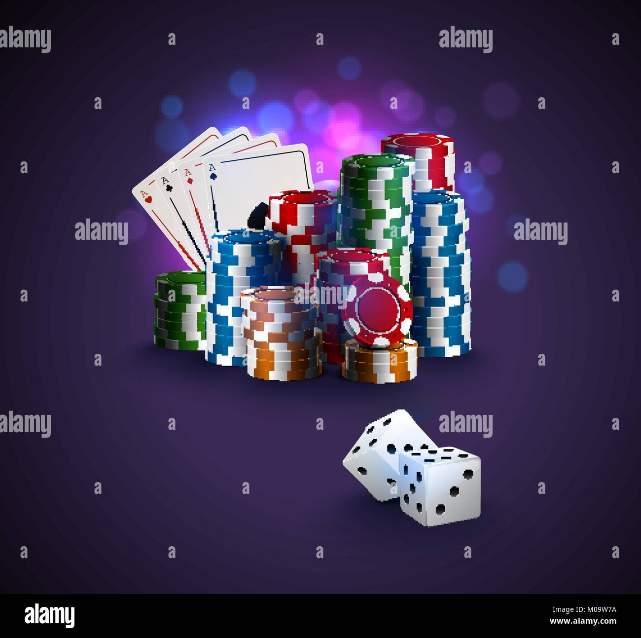 Poker Vector Illustration, Stapel von Poker chips, ace-Karten auf Bokeh lila Hintergrund, zwei weisse Würfel im Vordergrund. Gambling Online Casino Winner po Stock Vektor