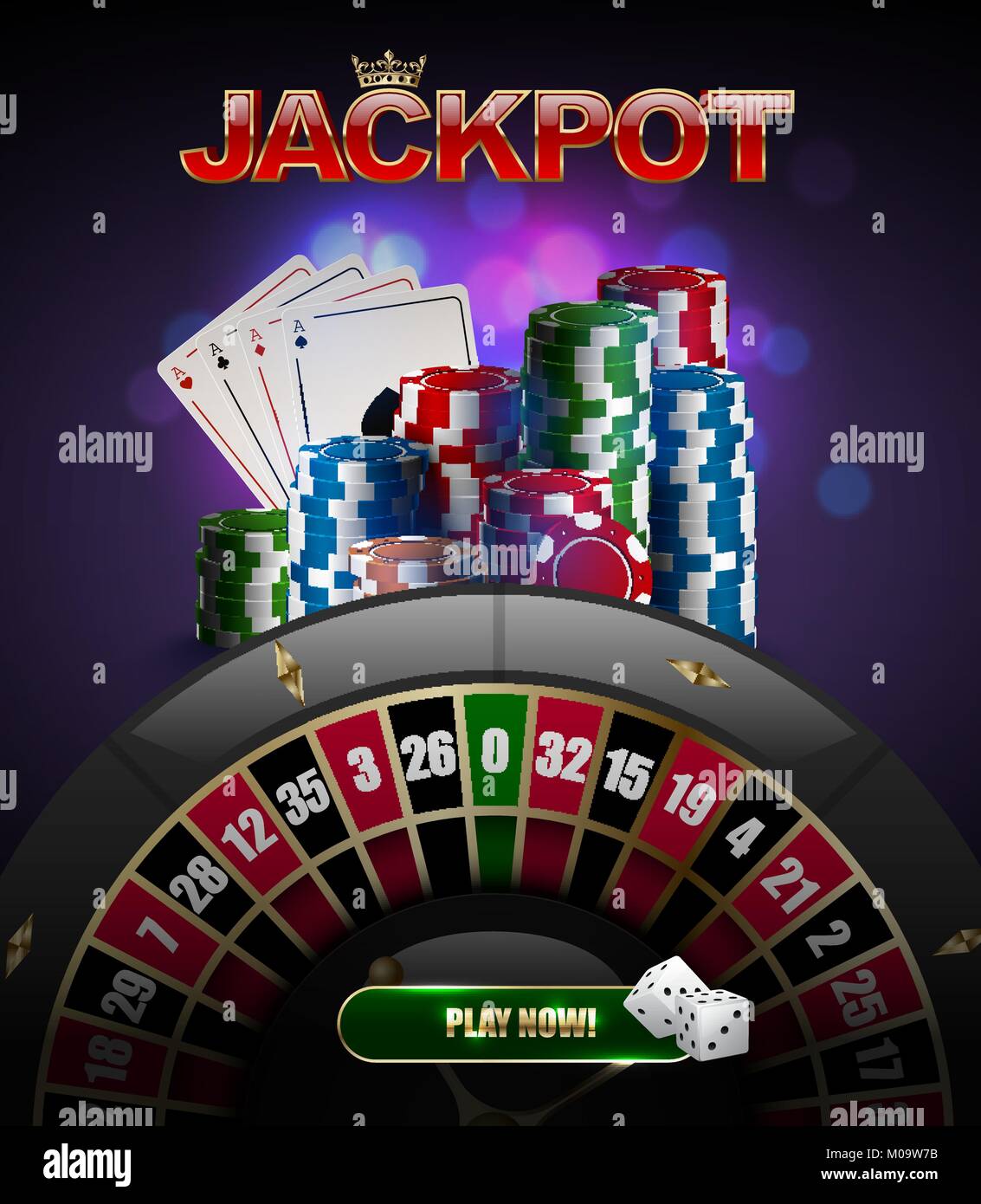 Vektor Stapel von Rot, Blau, Grün Seitenansicht top casino Chips, Spielkarten Poker vier Asse, jackpot, glänzend Text, Schwarz Roulette Rad und Glow purple Stock Vektor