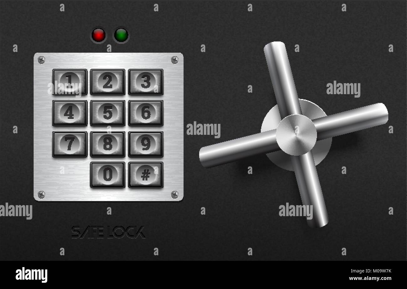 Realistische safe lock Metall Element auf strukturiertem Kunststoff schwarz hintergrund. Edelstahl Rad. Vektor Symbol oder Element der Gestaltung. Tastatur Tasten auf brushe Stock Vektor