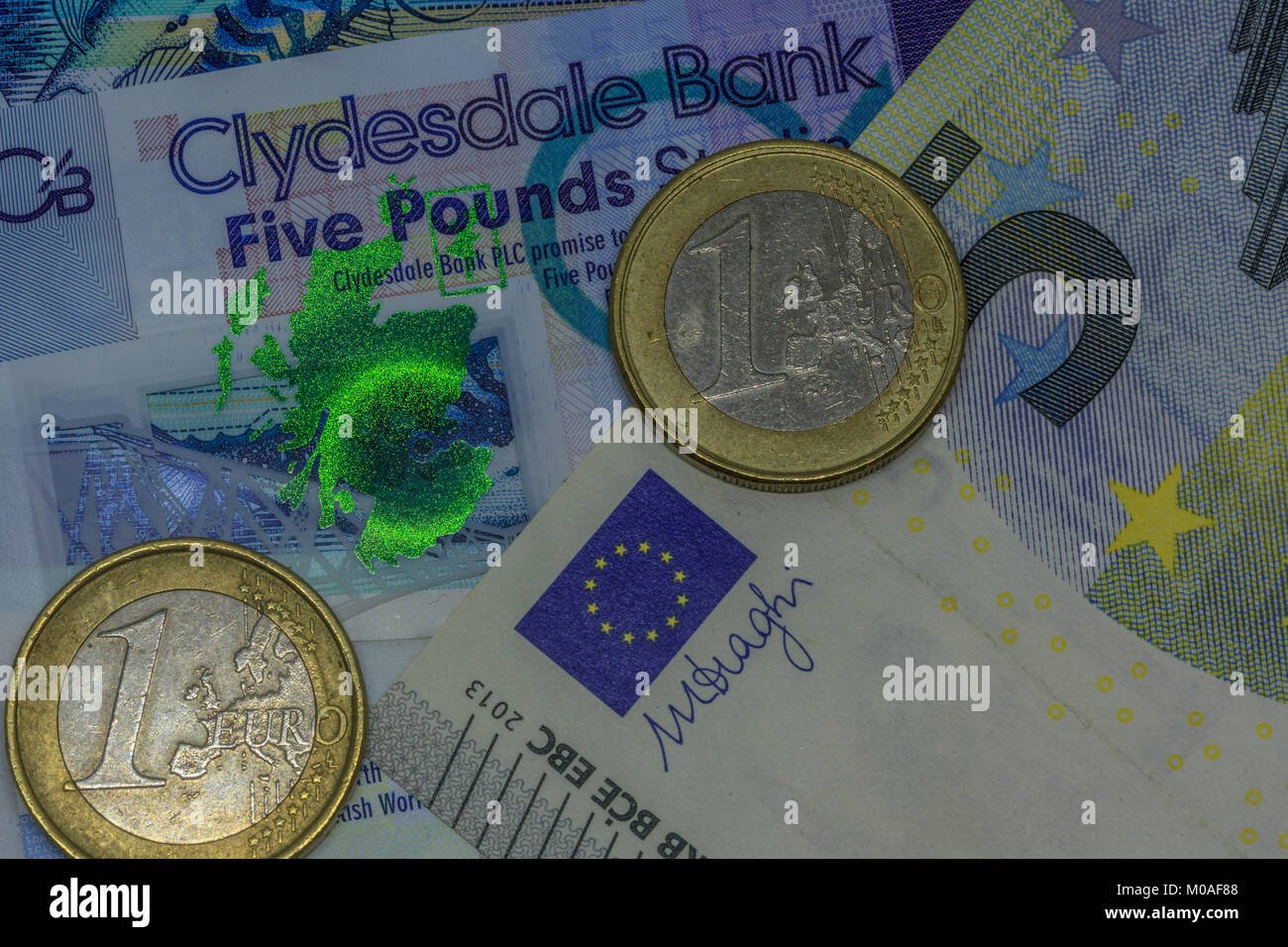 Schottische und Euro-Banknoten und Euro-Münzen Stockfoto