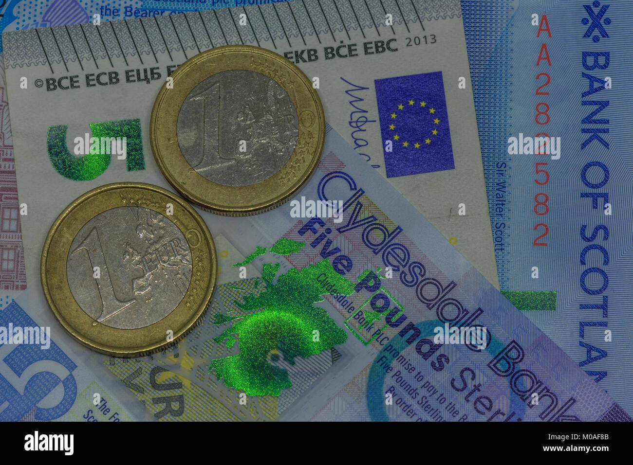 Schottische und Euro-Banknoten und Euro-Münzen Stockfoto